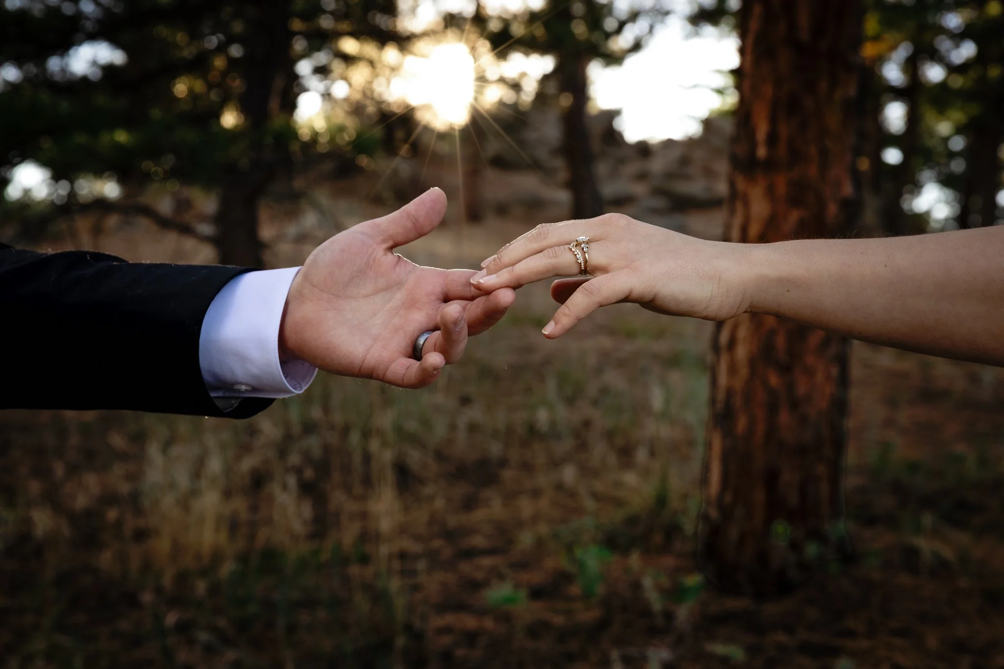 A man and woman reaching out to touch fingers with wedding rings, outdoors during sunset with trees in the background.