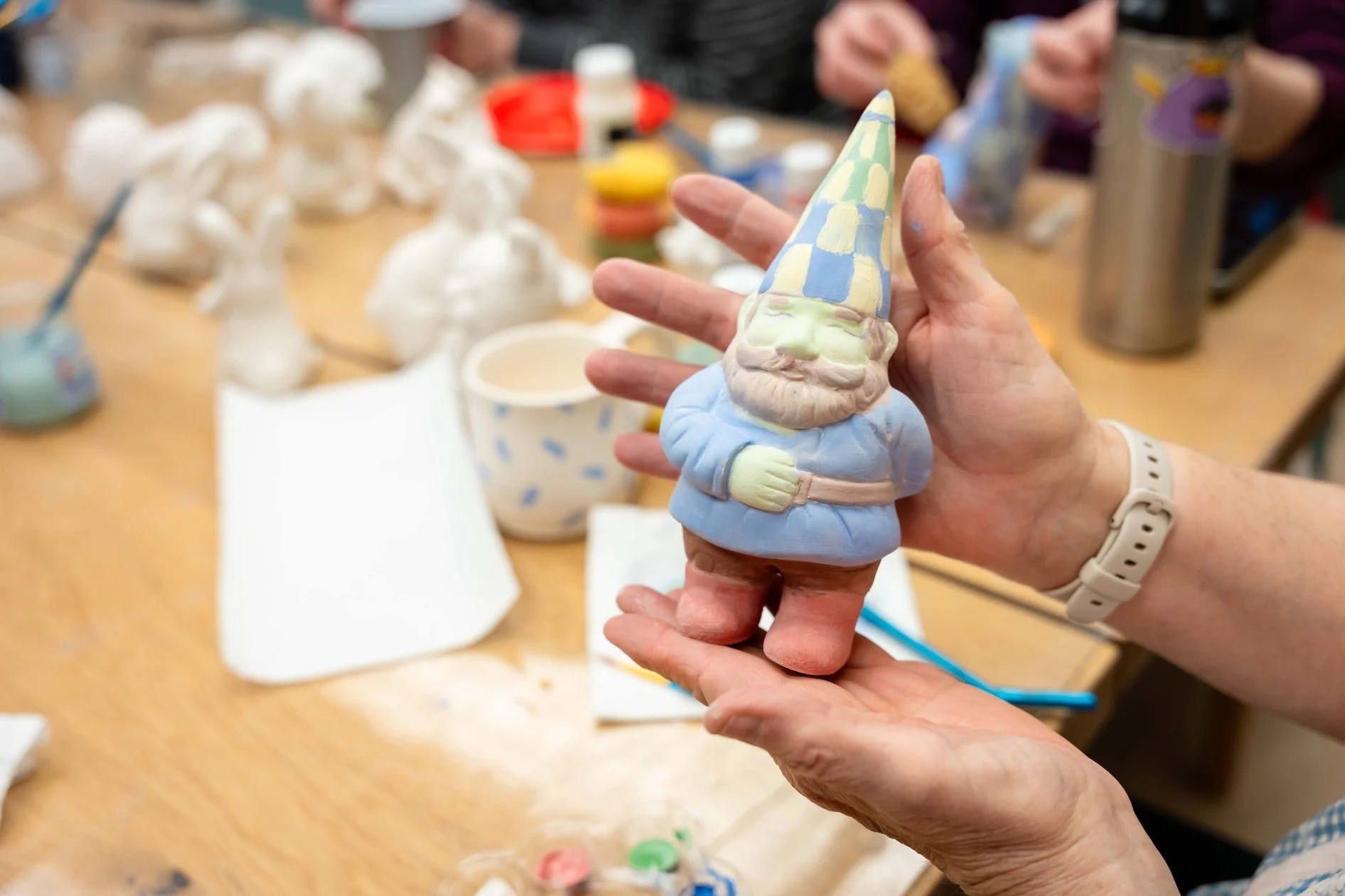 A Paint-Your-Own-Pottery gnome painted at the Staunton Clayground