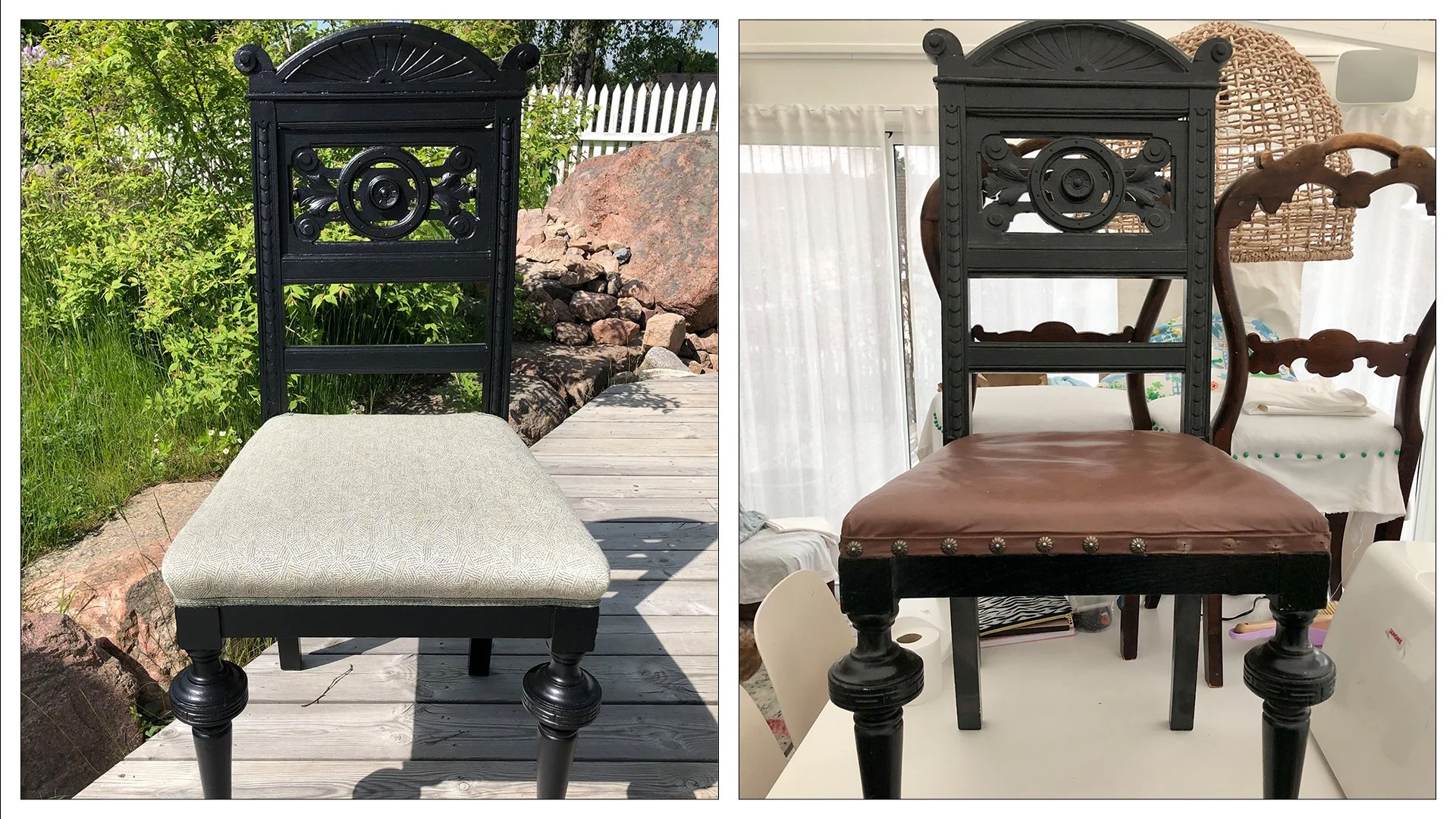 Nyrenässansstol från 1890-tal totalrenoverad. Ekstolen var redan svartmålad men behövde bättringsmålas. Klädd i en vacker stuvbit och bandats med matchande band. Efter- och förebild.