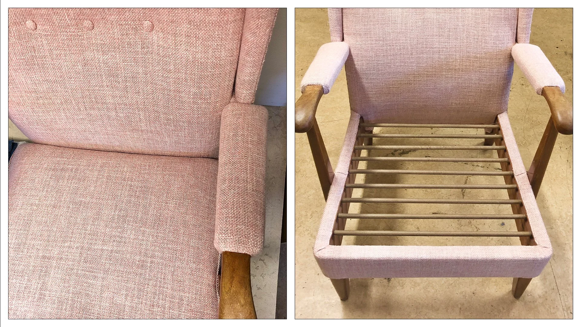 Klädda knappar. Vacker sits med original-resårfjädrar.