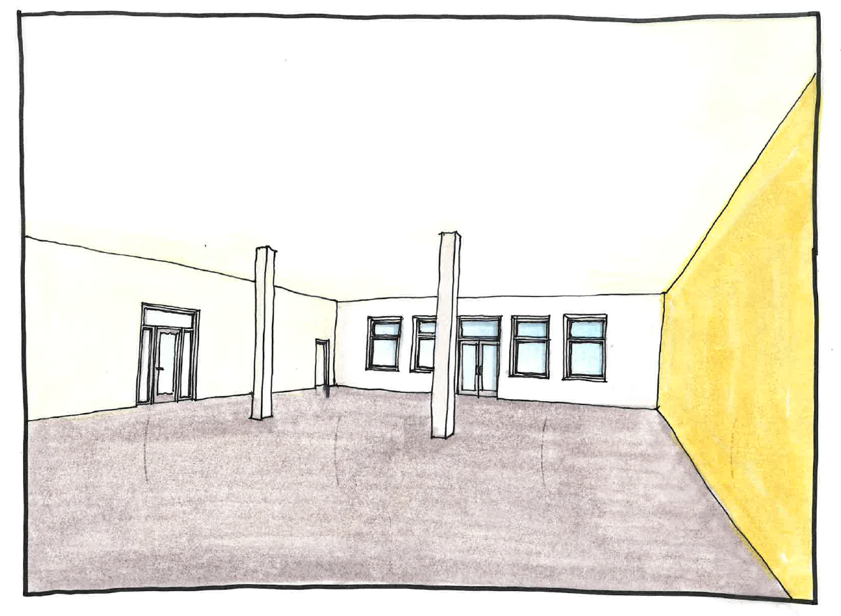 Interior conceptual rendering of the Hope Center multi-purpose room. This serves as a flexible, functional space for everything from community events to disaster response.  Guests enter the space from the hallway from the main dining room (door on th