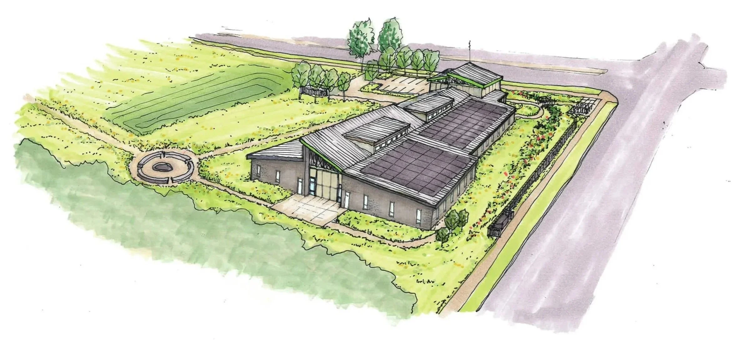 The western side of the site features an exterior terrace and a path to the outdoor classroom.