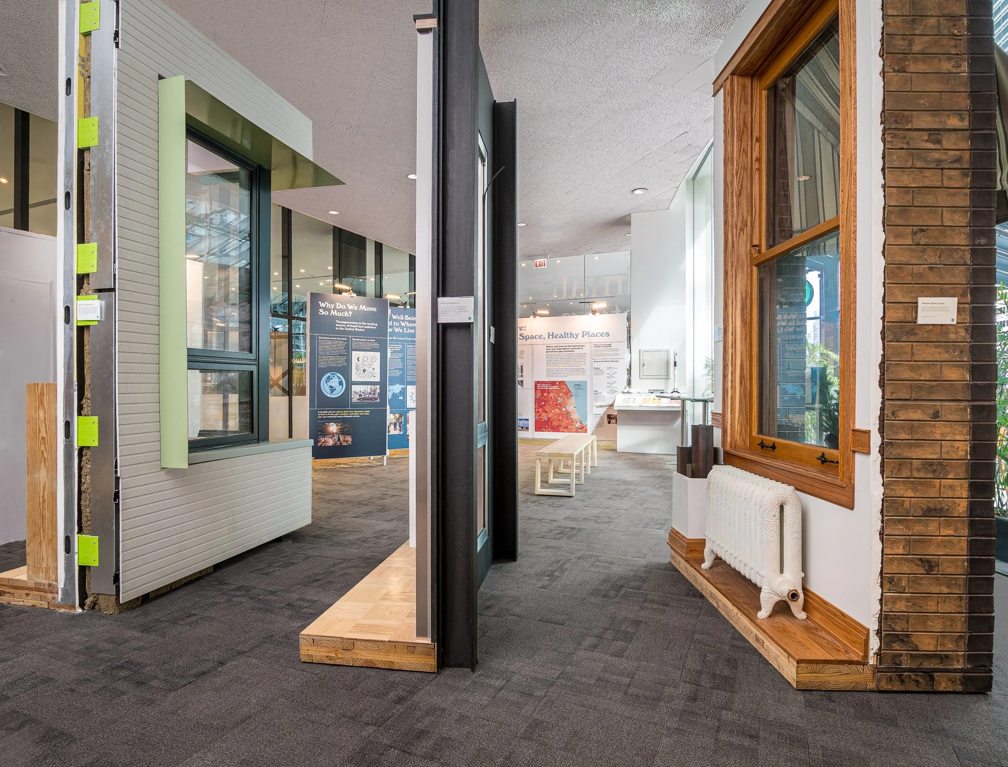 Full-scale replica walls of three architecturally-distinguished Chicago buildings (left to right): Academy for Global Citizenship, 860-880 Lake Shore Drive, Monadnock Building