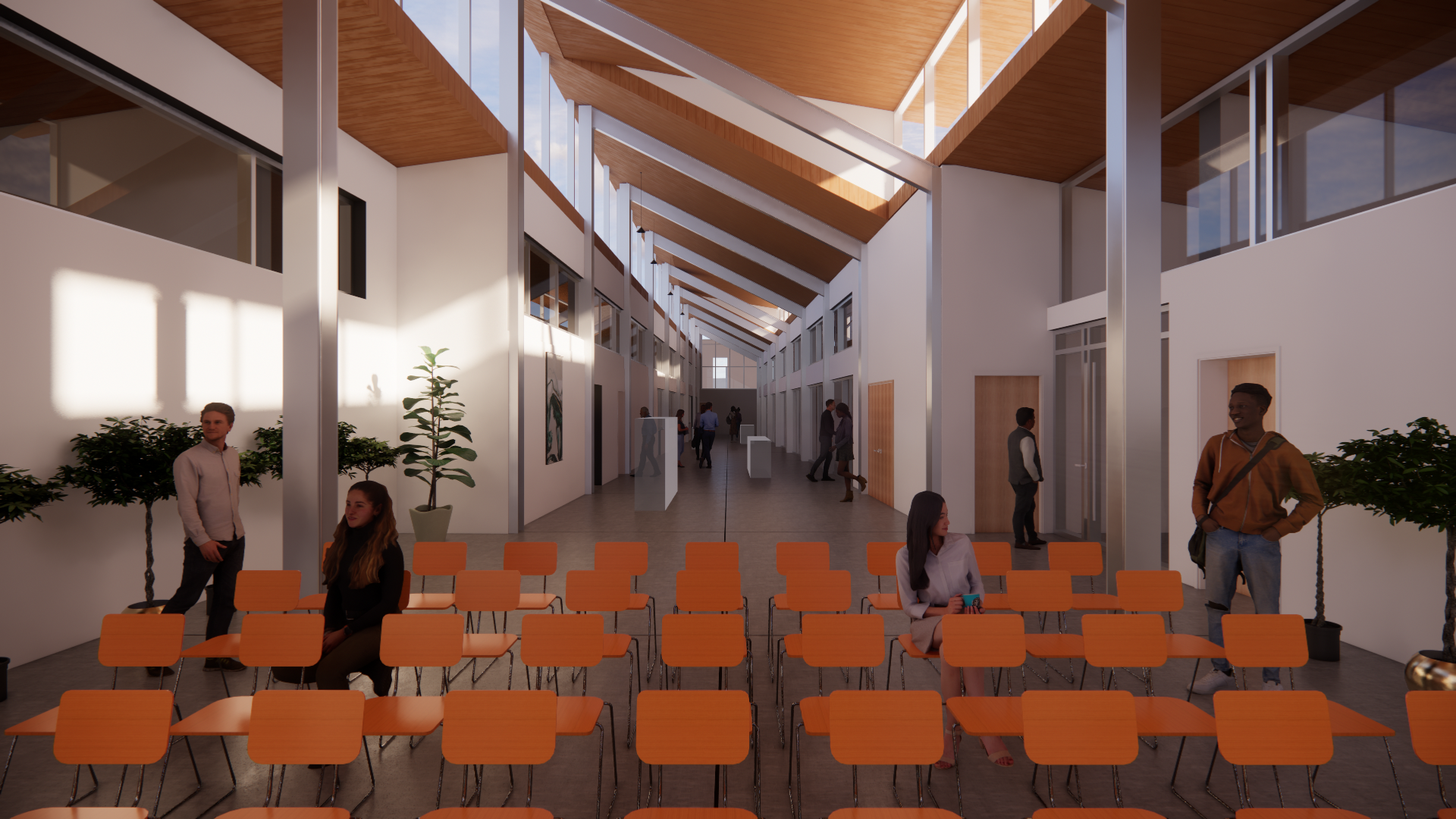 Rendering of interior mixed use space featuring natural light and a group of chairs, and people milling about