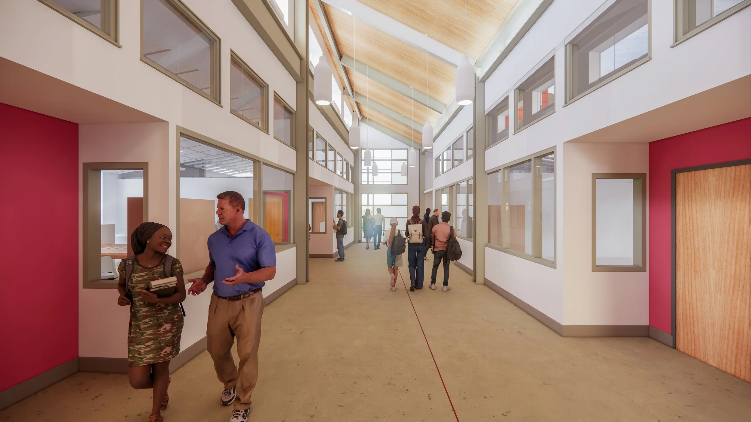 Rendering of interior mixed use space featuring natural light and a group of chairs, and people milling about