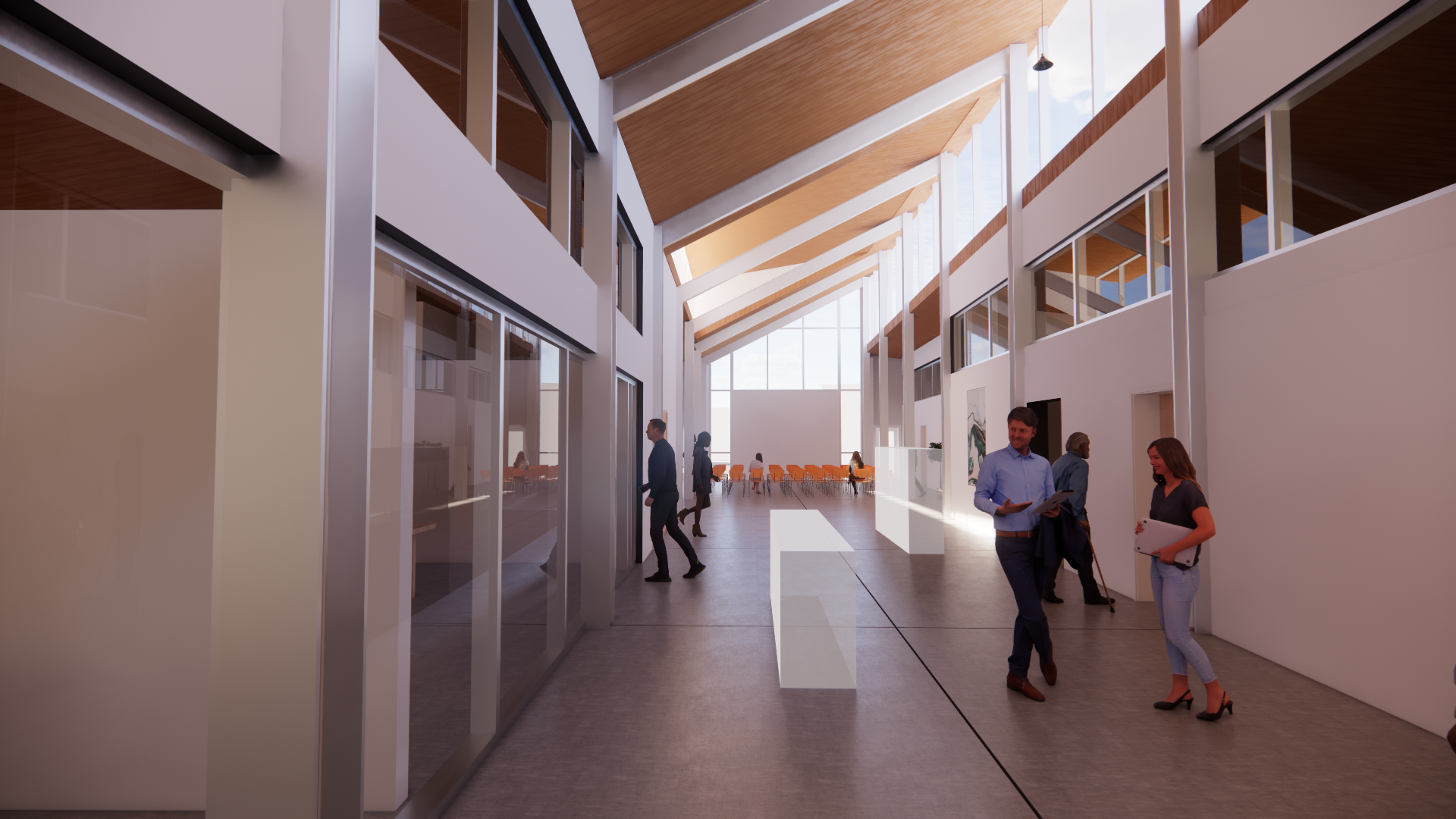 Rendering of interior space from the opposite view down the hallway.