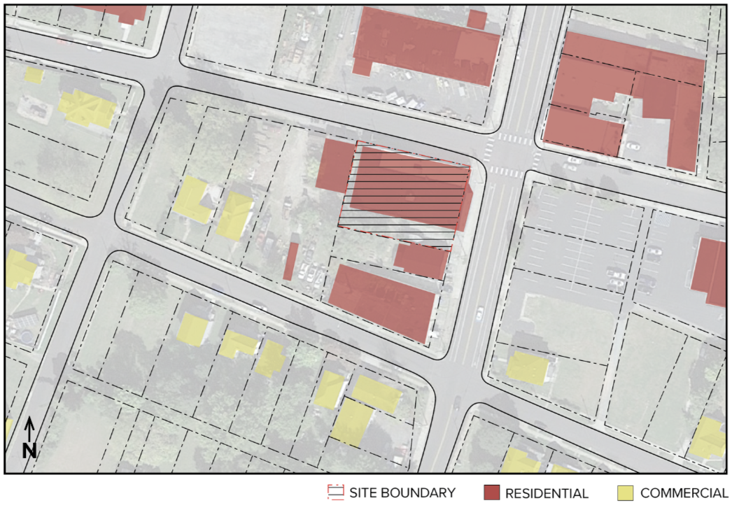 Map showing the existing zoning of the current Hope Center property and adjacent lots. 11th Street NW, the eastern edge of the property, is part of a commercial corridor abutting a residential neighborhood.