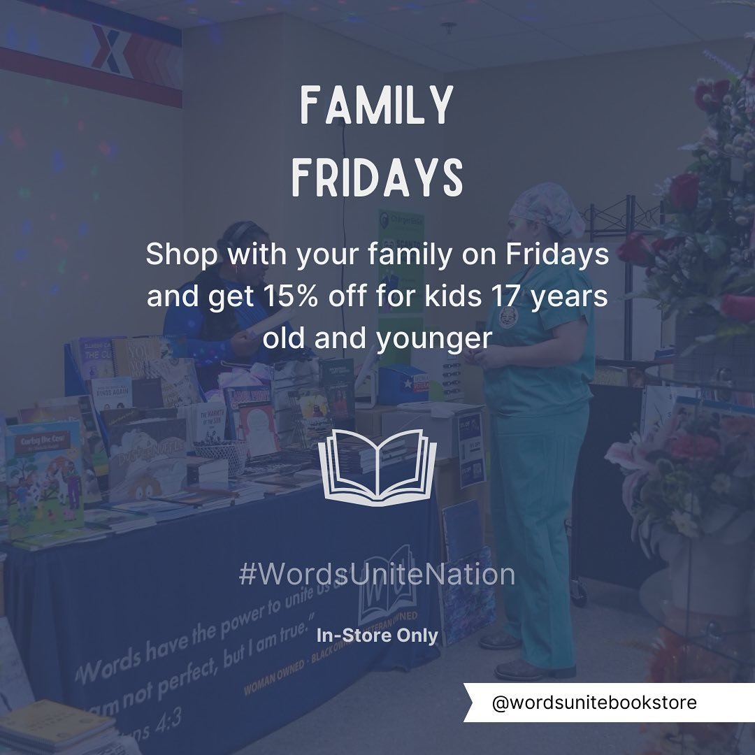 Family Fridays are for making memories at Words Unite Bookstore! 📚👨&zwj;👩&zwj;👧&zwj;👦 Bring the whole crew and embark on a literary adventure together! 🎈 Let&rsquo;s create unforgettable moments surrounded by books and love!💖 

Hashtag#️⃣
#Fam