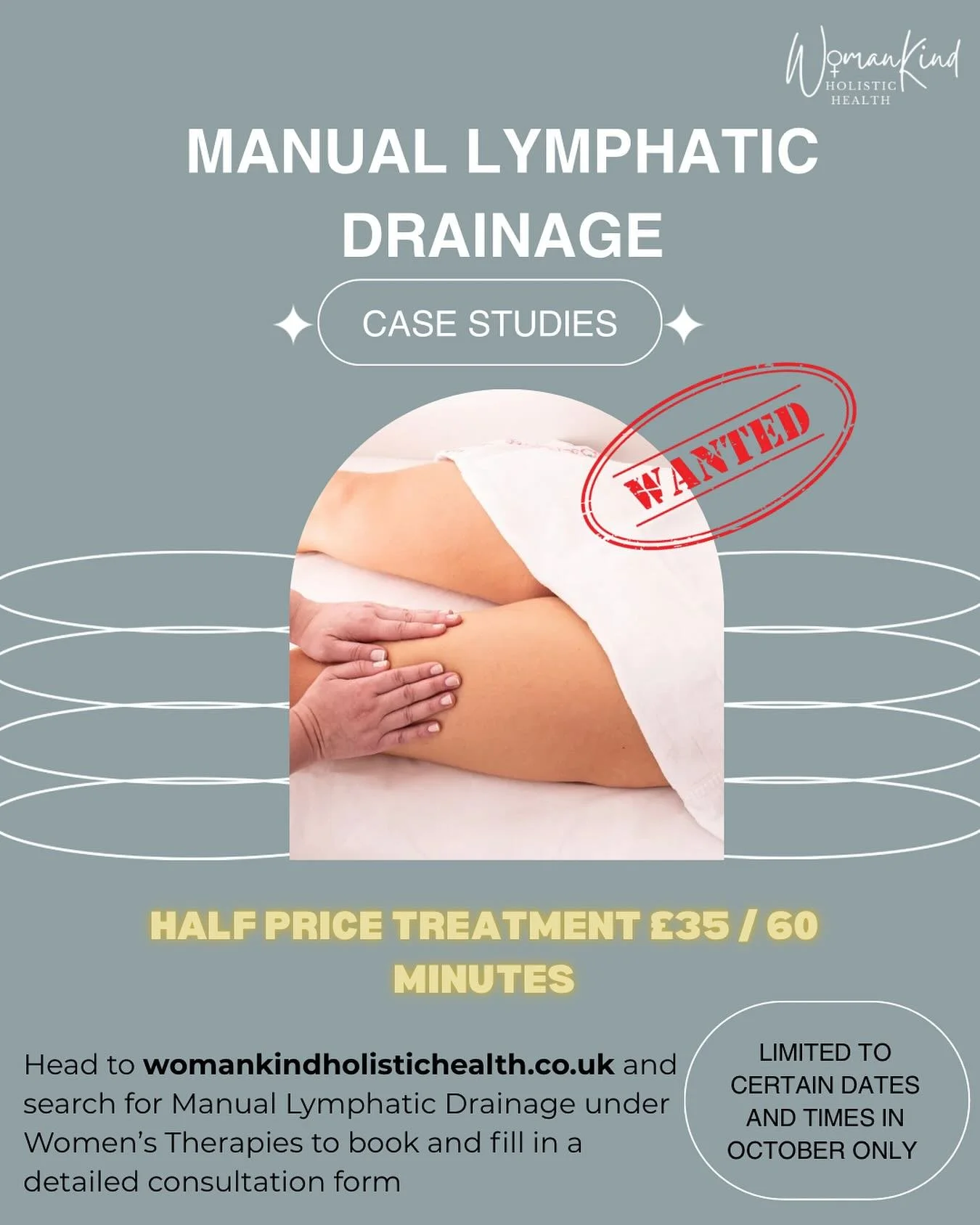 My booking system is open to case studies for Manual Lymphatic Drainage. This is a reduced price treatment while I get to grips with the timing and routine with some more hands on experience. I can&rsquo;t wait to offer this for real soon. There are 