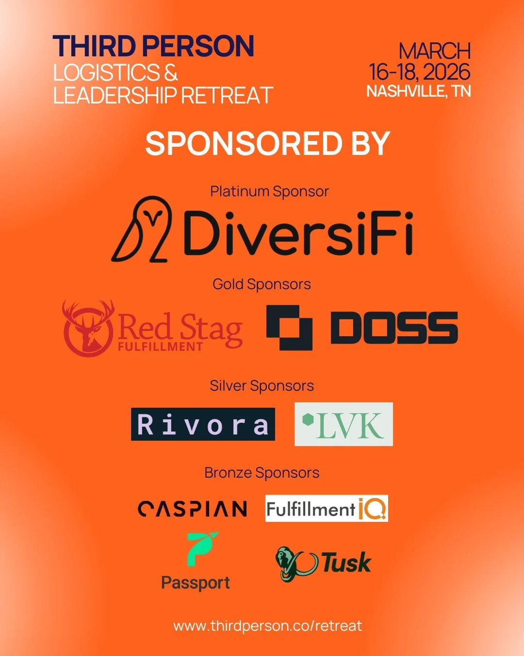 We're so excited to announce the official sponsors of Third Person's Spring 2026 Logistics & Leadership Retreat! What an incredible group. Thank you all for being such amazing partners of Third Person!
PLATINUM SPONSOR
DiversiFi
GOLD SPONSORS
R