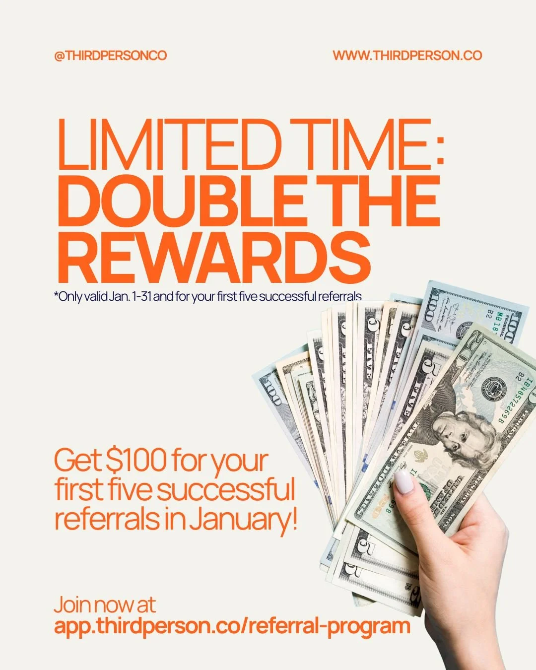 Get double the rewards in January with our referral program &mdash; $100 for each of your first five successful referrals!

Know anyone who needs a new 3PL? Send them to Third Person!

Sign up to be a referrer with Third Person and start earning rewa