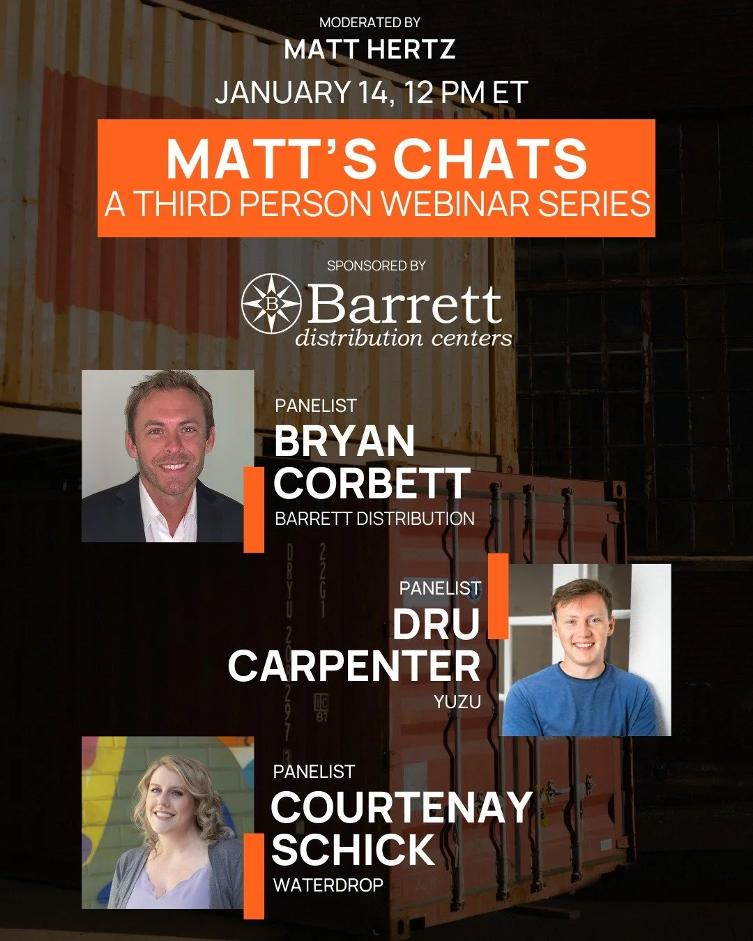 Our first session of MATT'S CHATS for the year is happening this Wednesday, Jan. 14, at 12 pm EST!

Join Matt Hertz for a forward-looking session with Barrett Distribution Centers, waterdrop&reg;, and Yuzu. We&rsquo;re breaking down the operational i