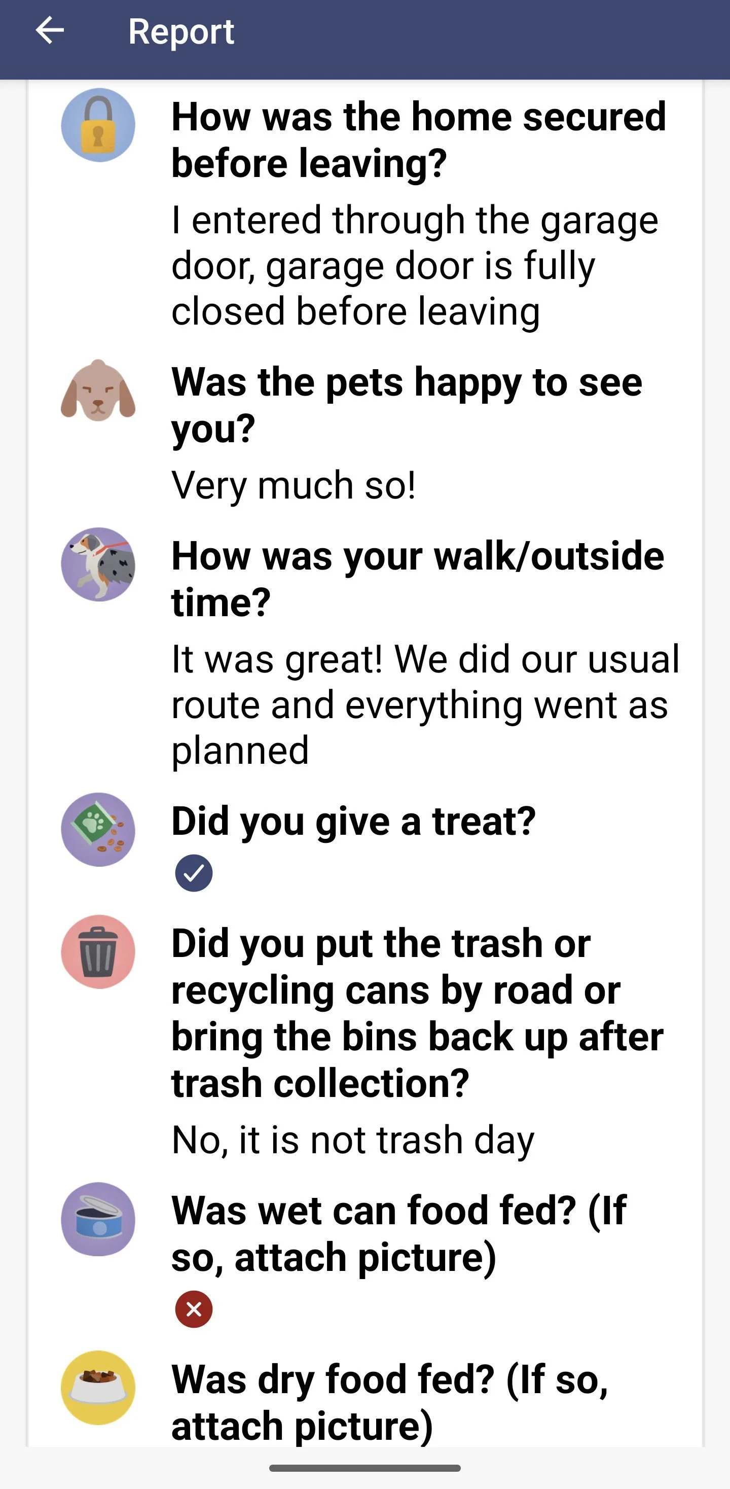 Screen capture of a mobile app survey about home security and pet care, showing questions about home locking, pet happiness, outdoor routine, treats, trash disposal, and pet feeding, with various icons next to each question.