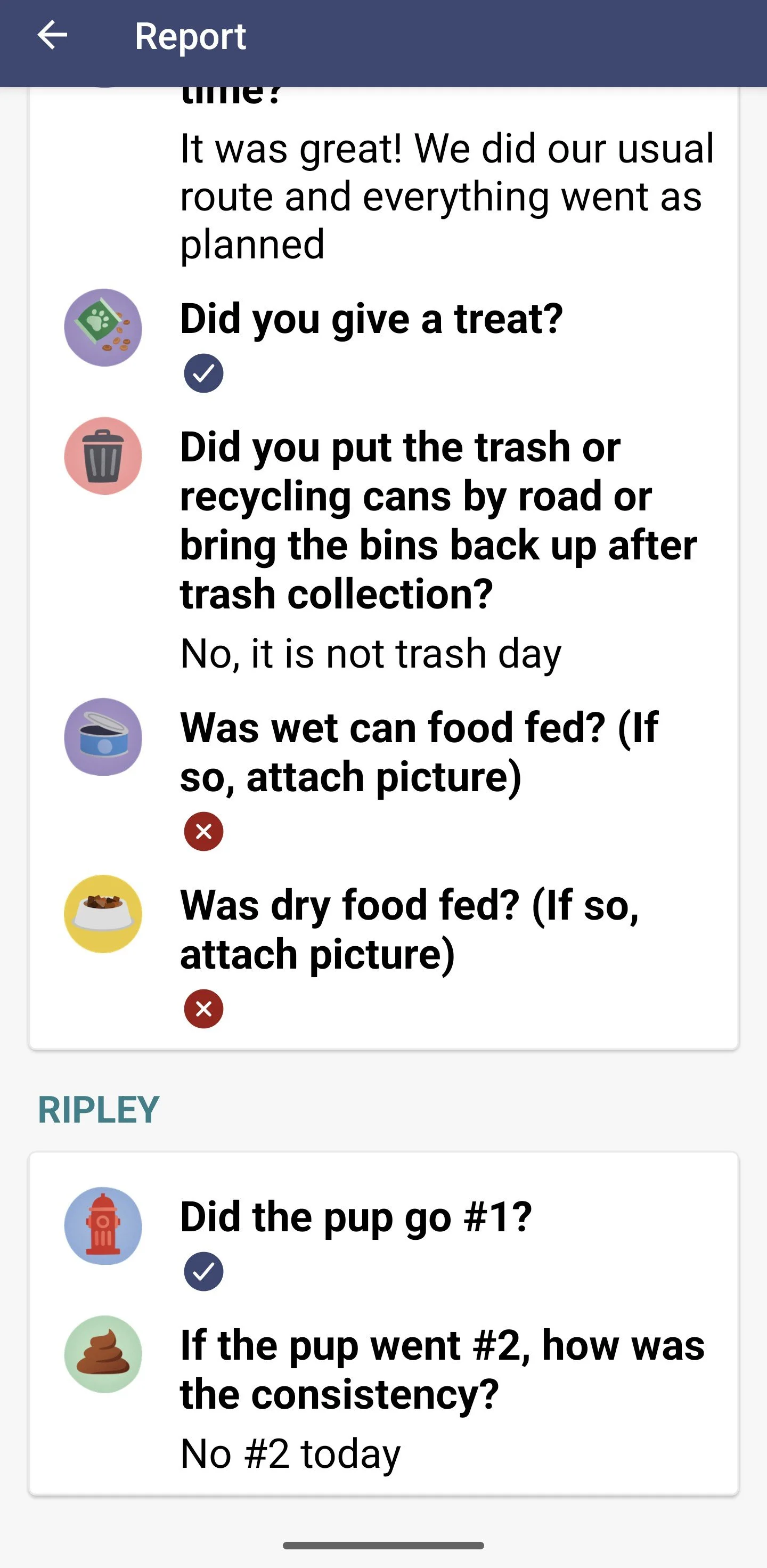 Screenshot of a pet-related survey or report with questions about pet care, including questions about giving treats, trash disposal, feeding wet and dry food, and puppy health, with icons representing each topic.