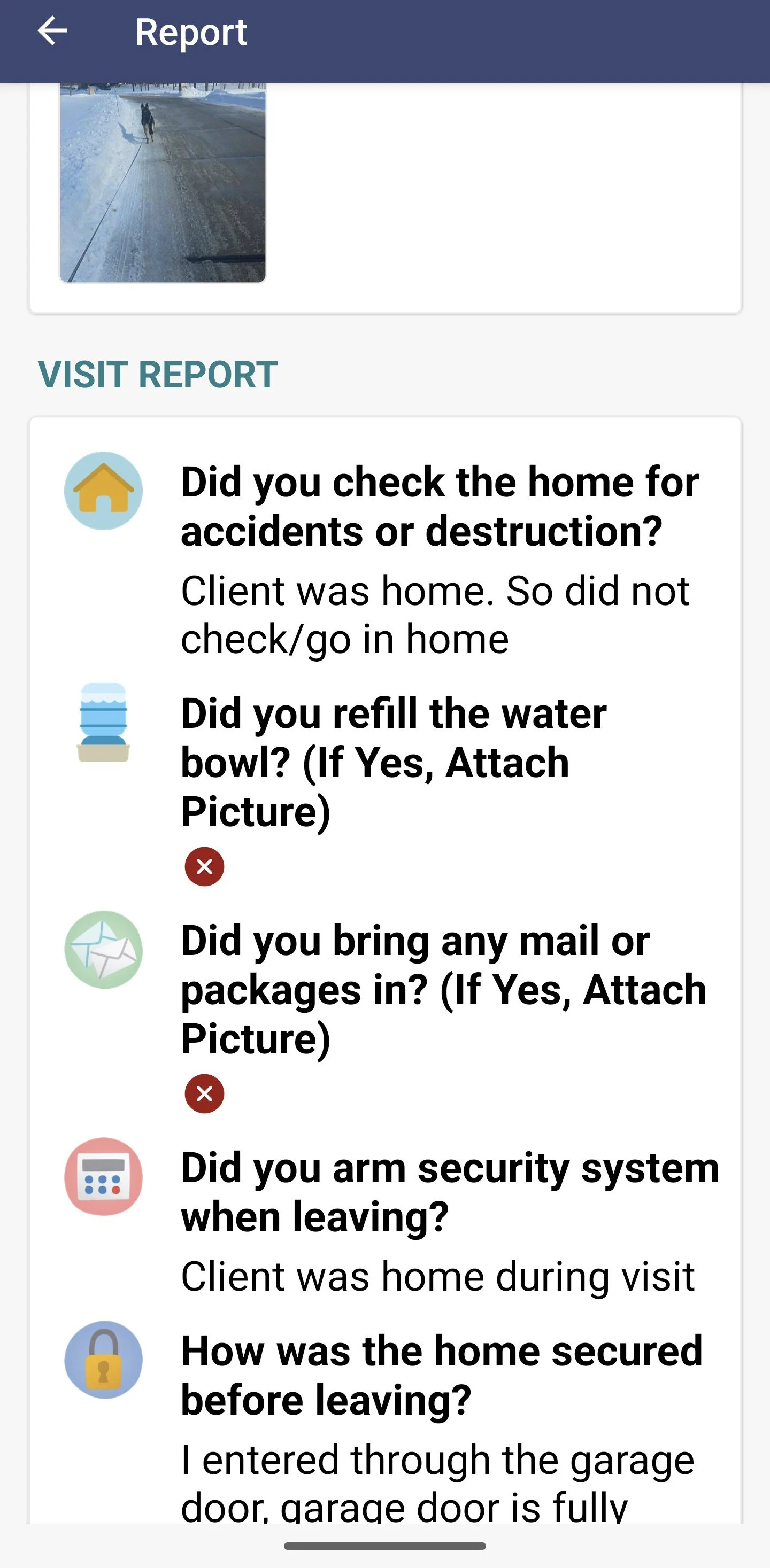 Screenshot of a report form with a photo of a snowy street, including questions about home safety procedures during a visit.