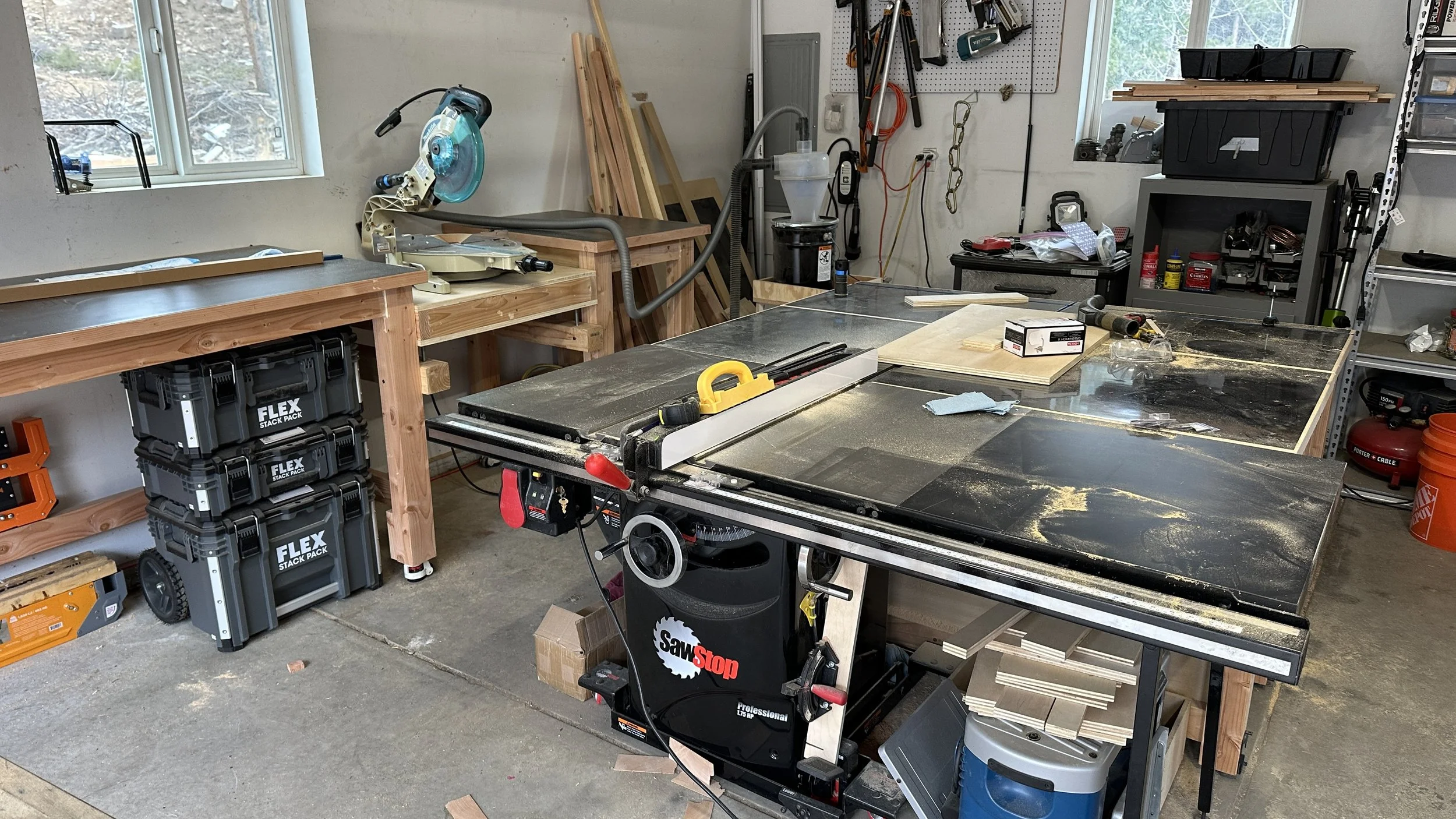 Our shop. Small but productive. Sawstop Professional Cabinet table saw, miter saw station, lots of tools.