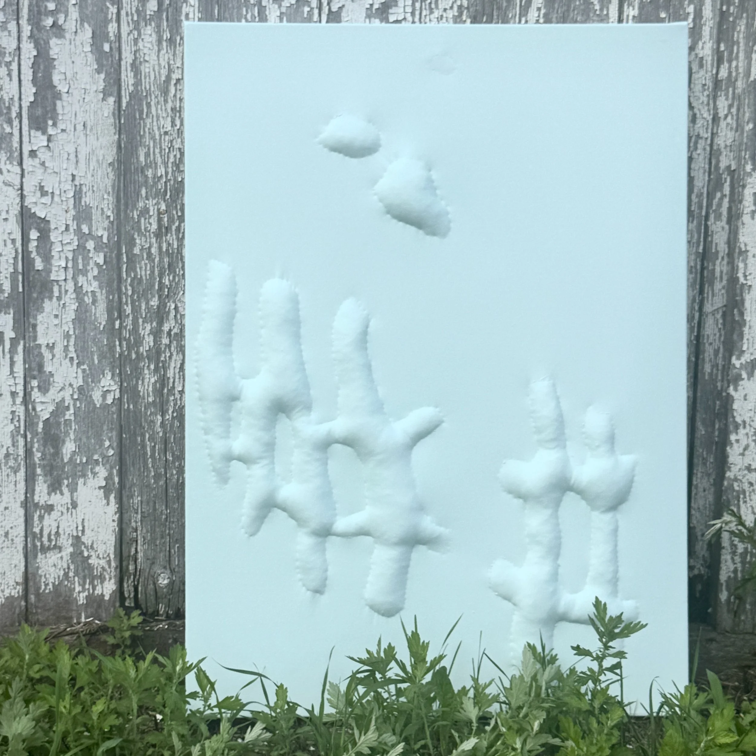 i can see the small opening of the pasture gates, canvas wall paint goose down feathers and thread, 36" x 24" 2026