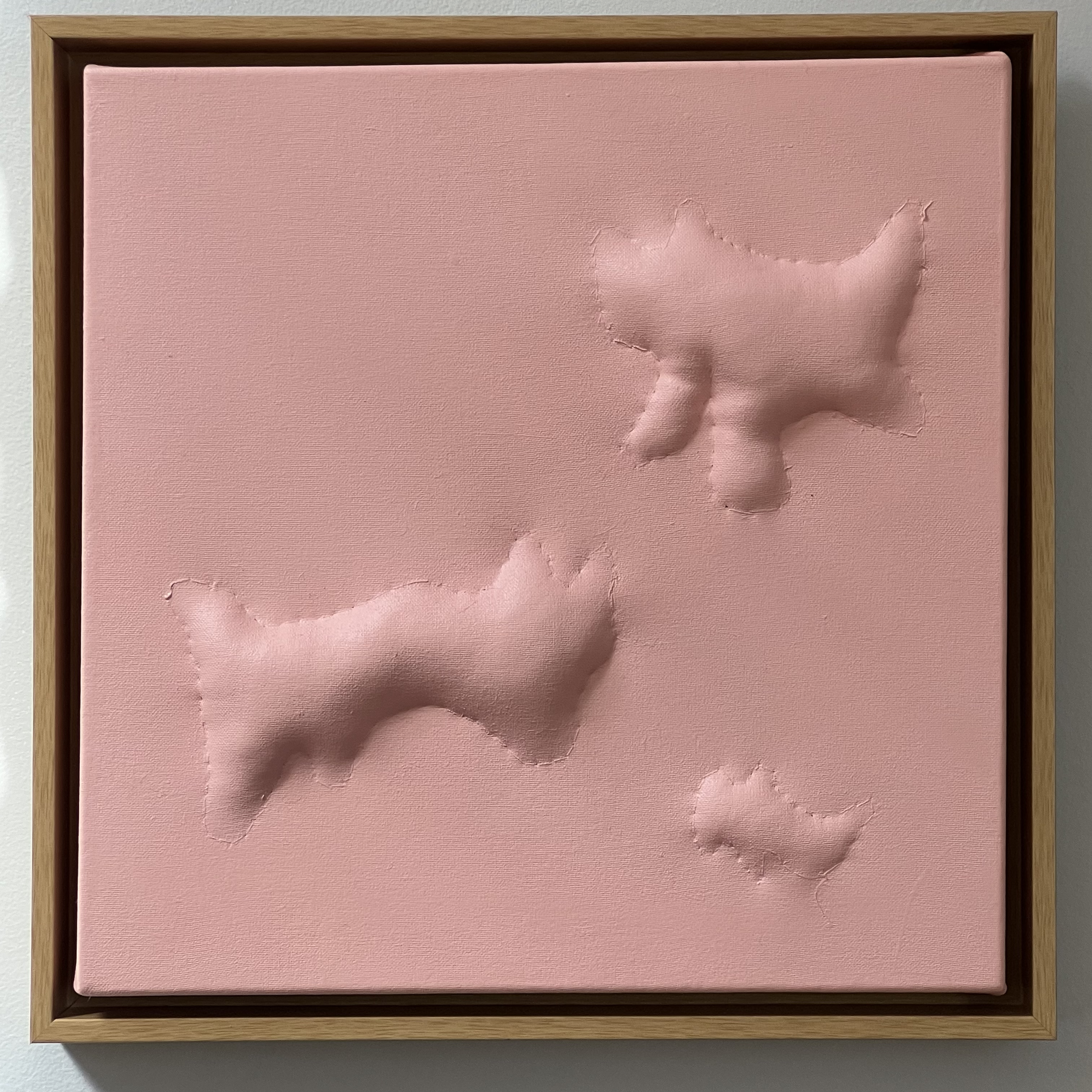 stuffed catfriends, canvas wall paint polyfil and thread, 15.5" x 15.5" 2024