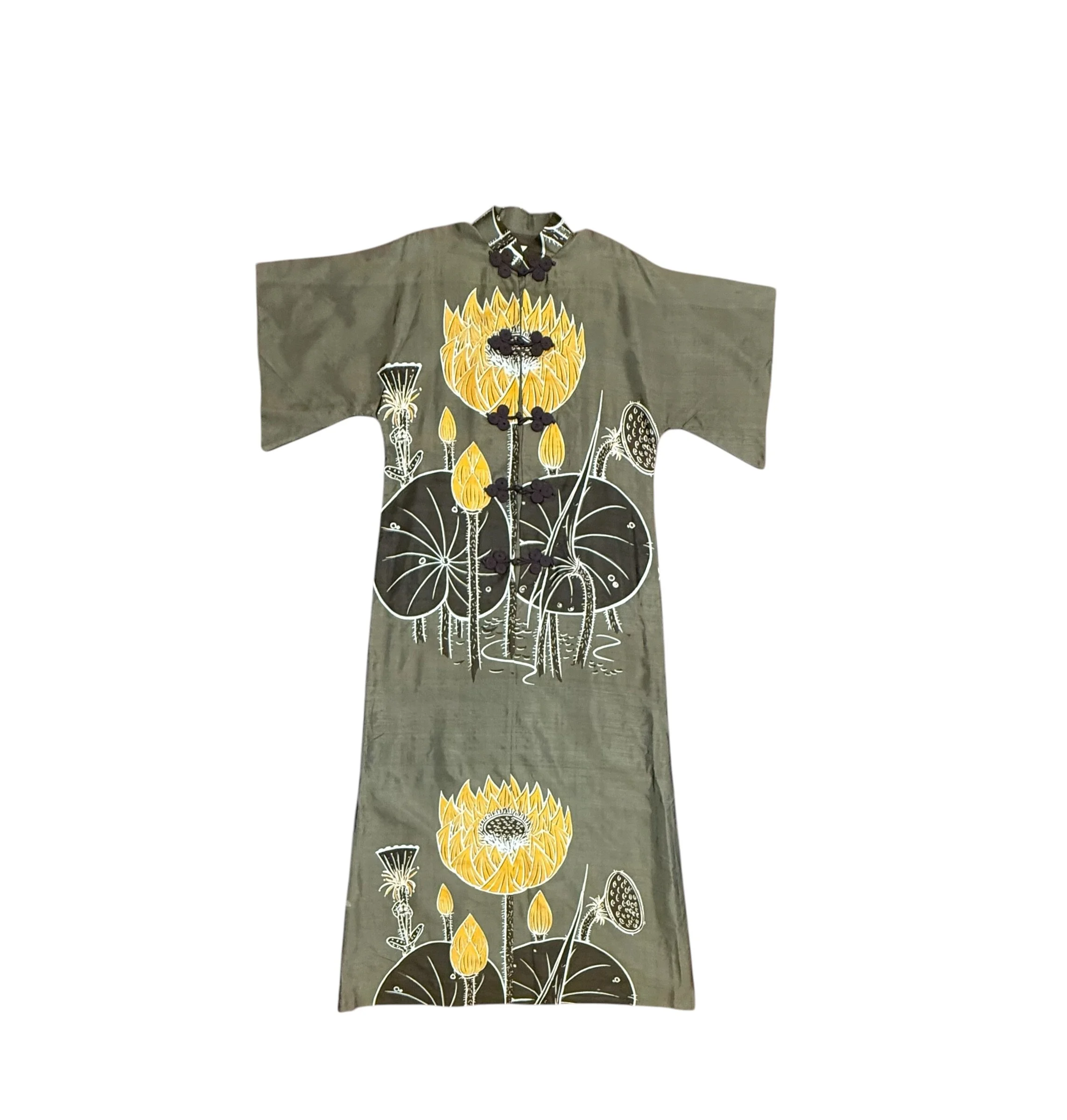 Vintage 1960s Miss Ming Handwoven Silk Kaftan, Lotus Flower Print Maxi Dress