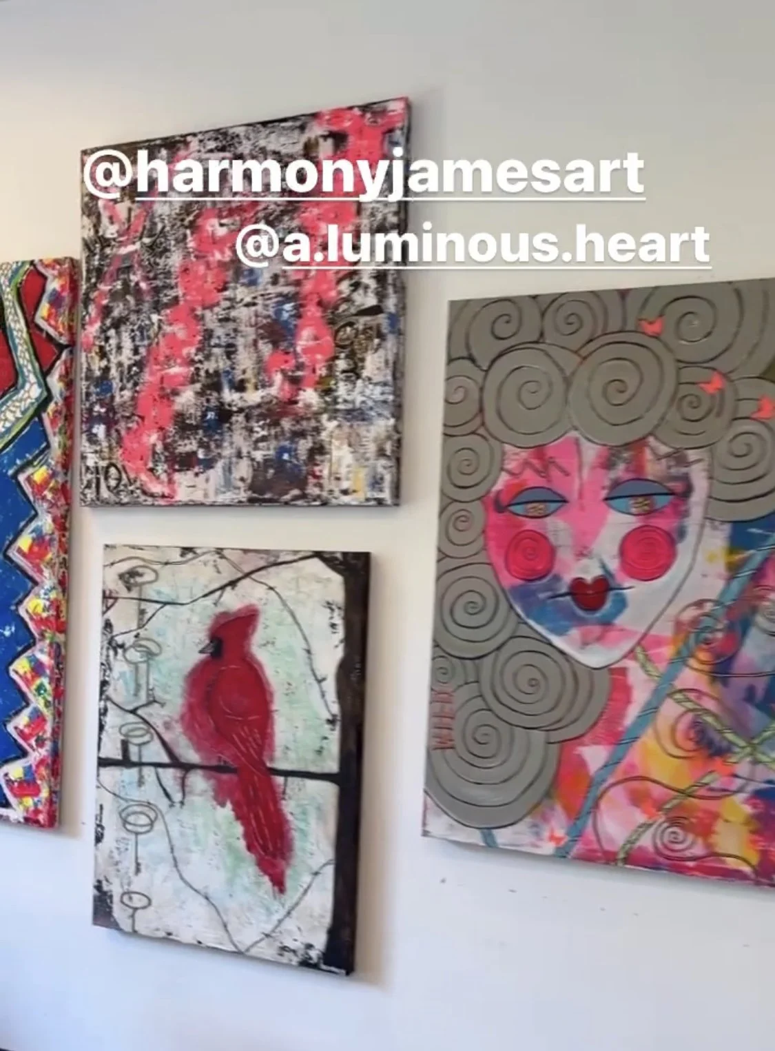 Multiple colorful abstract artworks on a white wall, including a painting of a woman's face with large curly hair and pink cheeks, and a painting of a red bird on a branch.