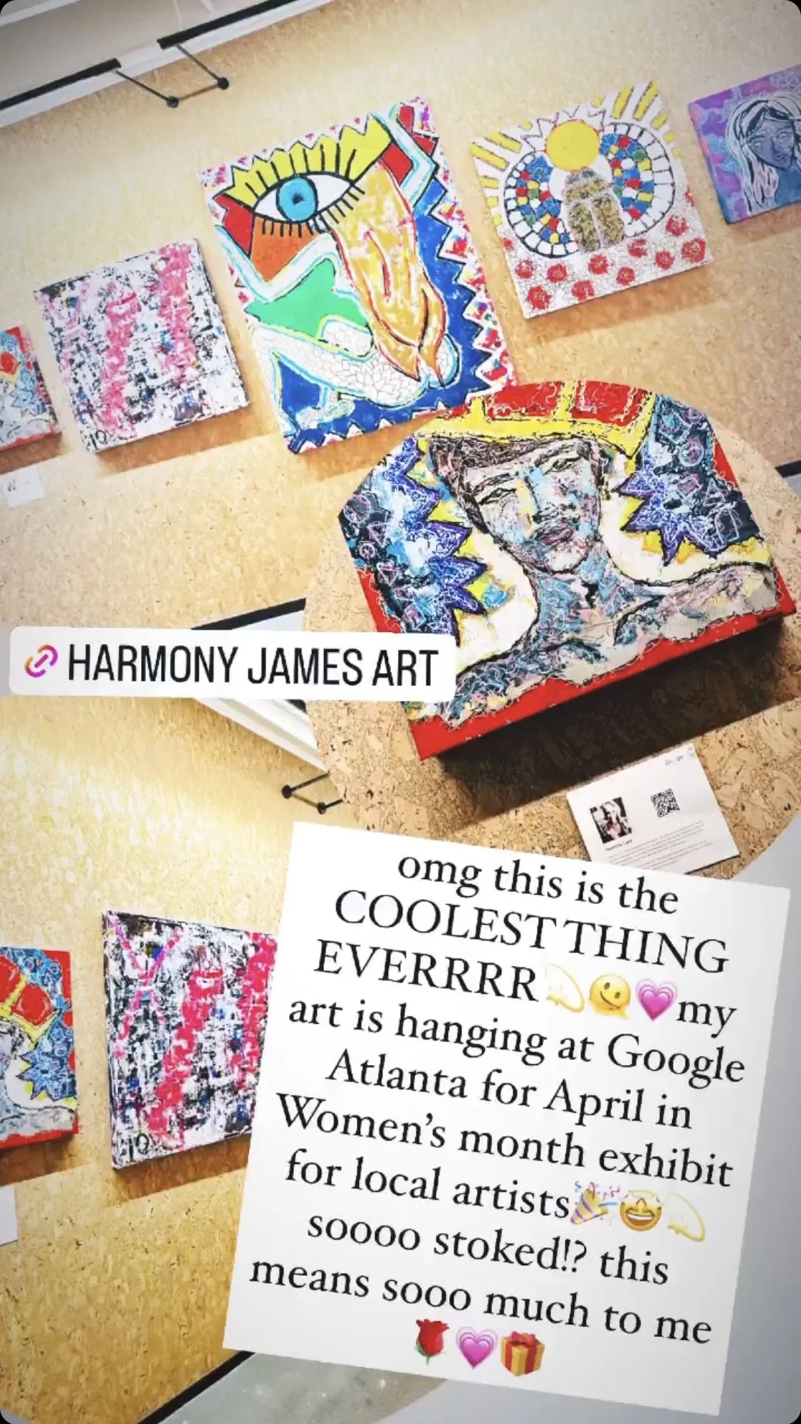 Display of abstract and modern art pieces, with a sign describing the artwork and its significance in an art exhibit.