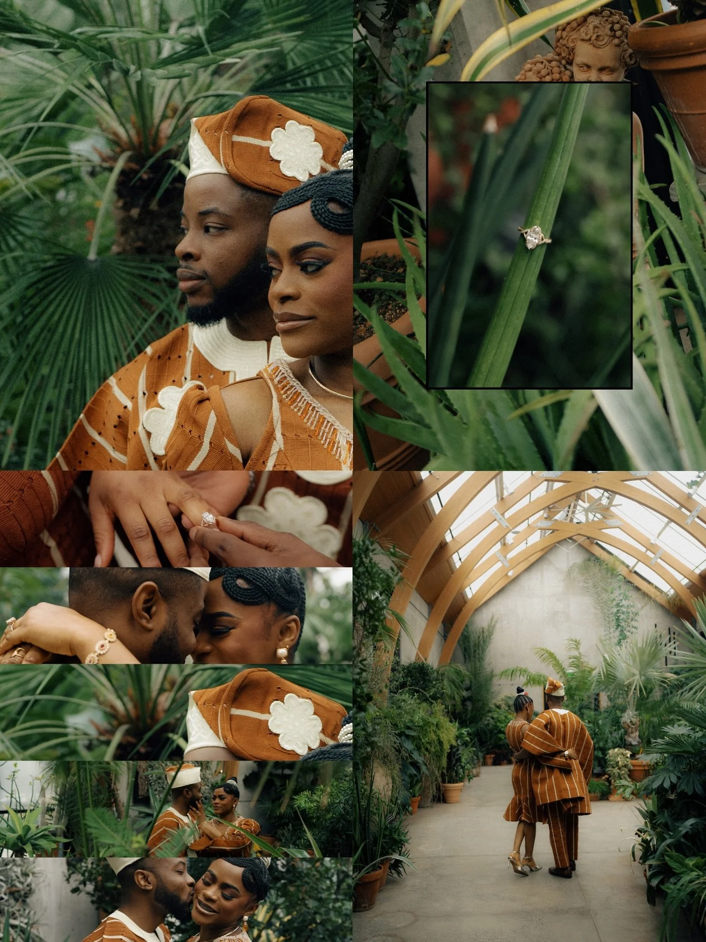 First time shooting a traditional African engagement session.

Didn&lsquo;t know much going in. Just knew the fabrics were handwoven, the headwear had meaning, and they&rsquo;d spent a long time thinking about every detail.

Standing in that greenhou