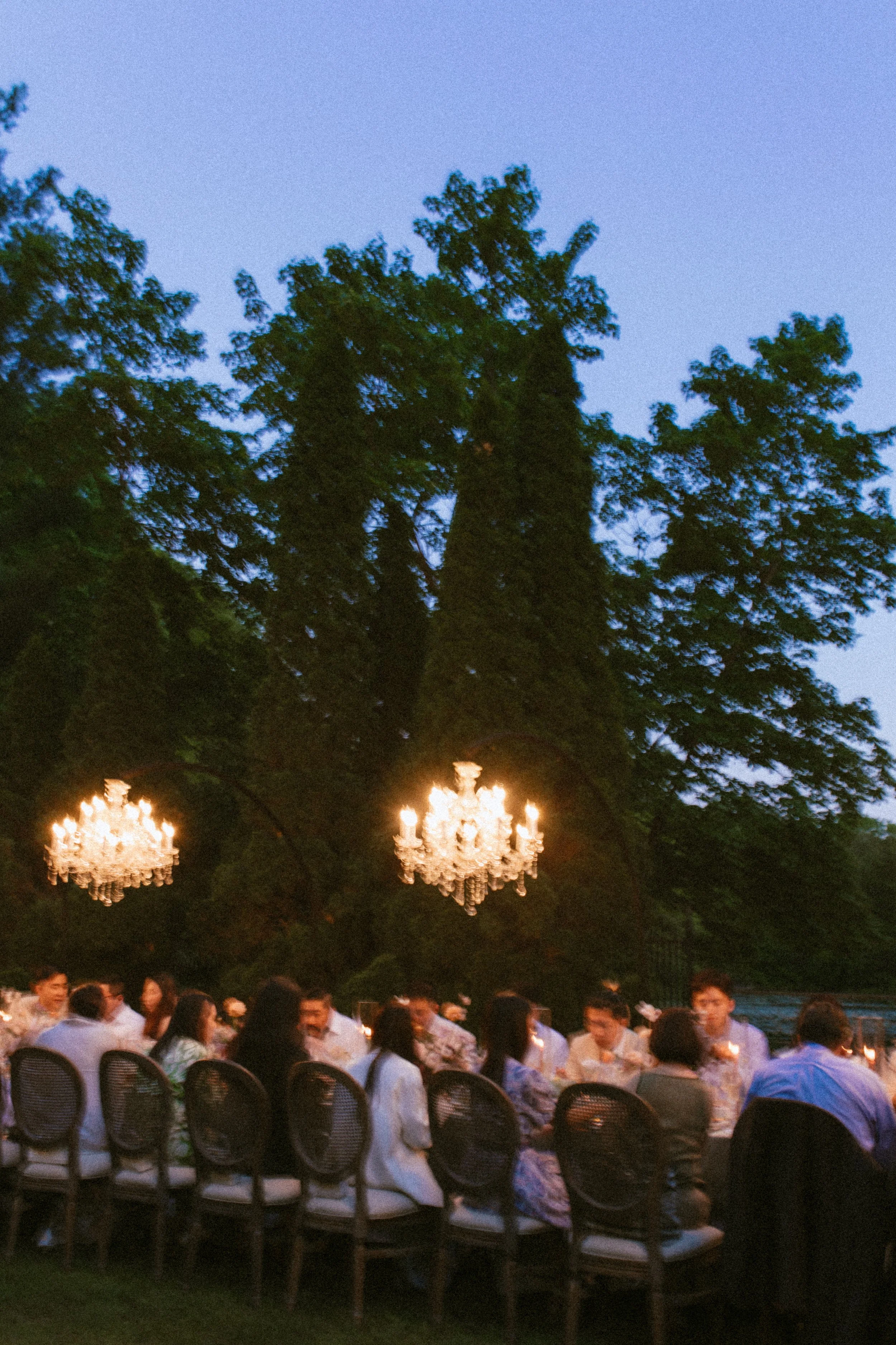 People dining outdoors at a formal event during dusk, illuminated by chandeliers hanging from poles, with tall trees in the background.