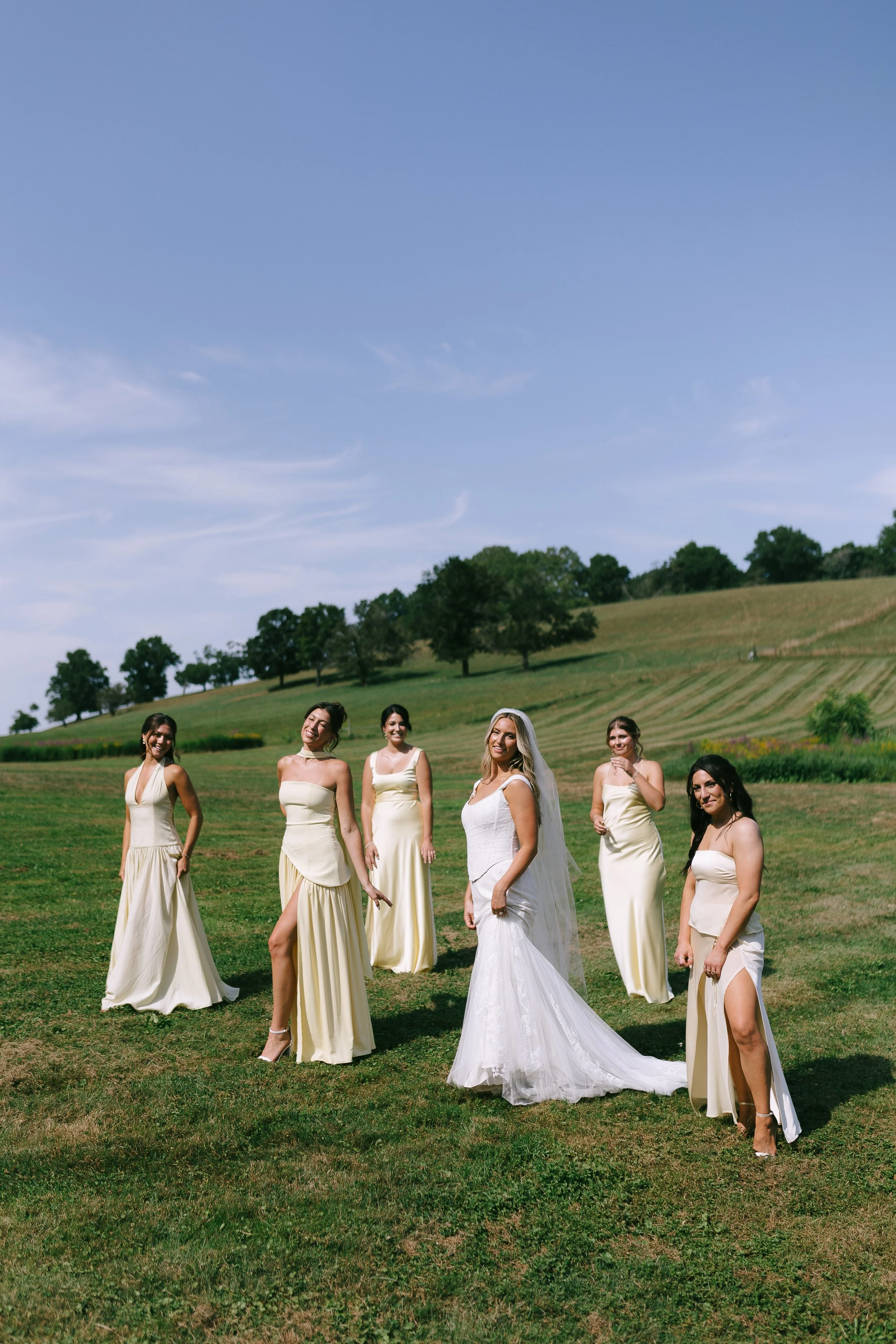 A bride in a white wedding gown and veil stands outdoors on a grassy hill with six bridesmaids in cream-colored dresses.