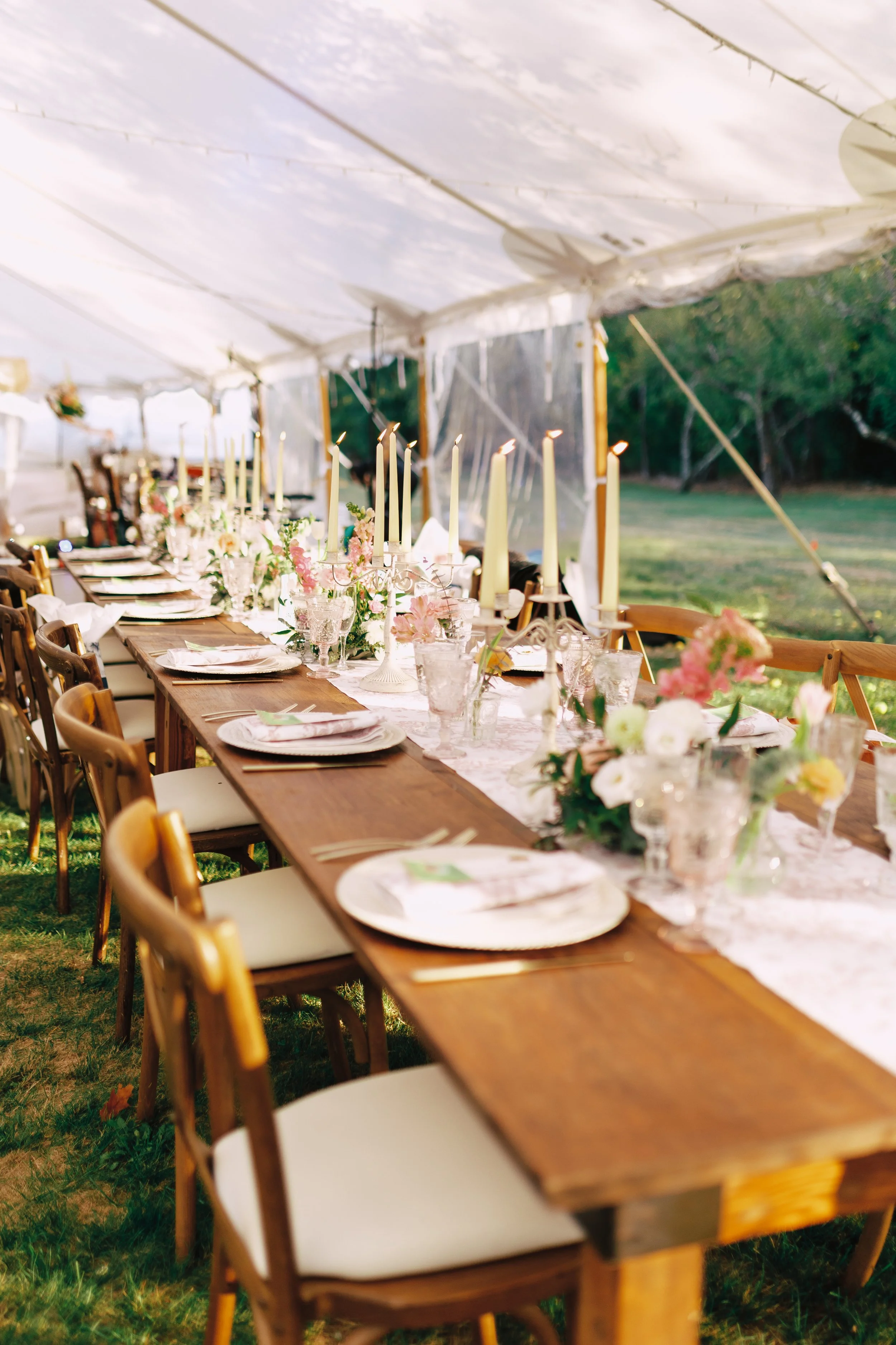 Long outdoor dining table set with plates, glassware, and floral centerpieces under a tent with candles and greenery.