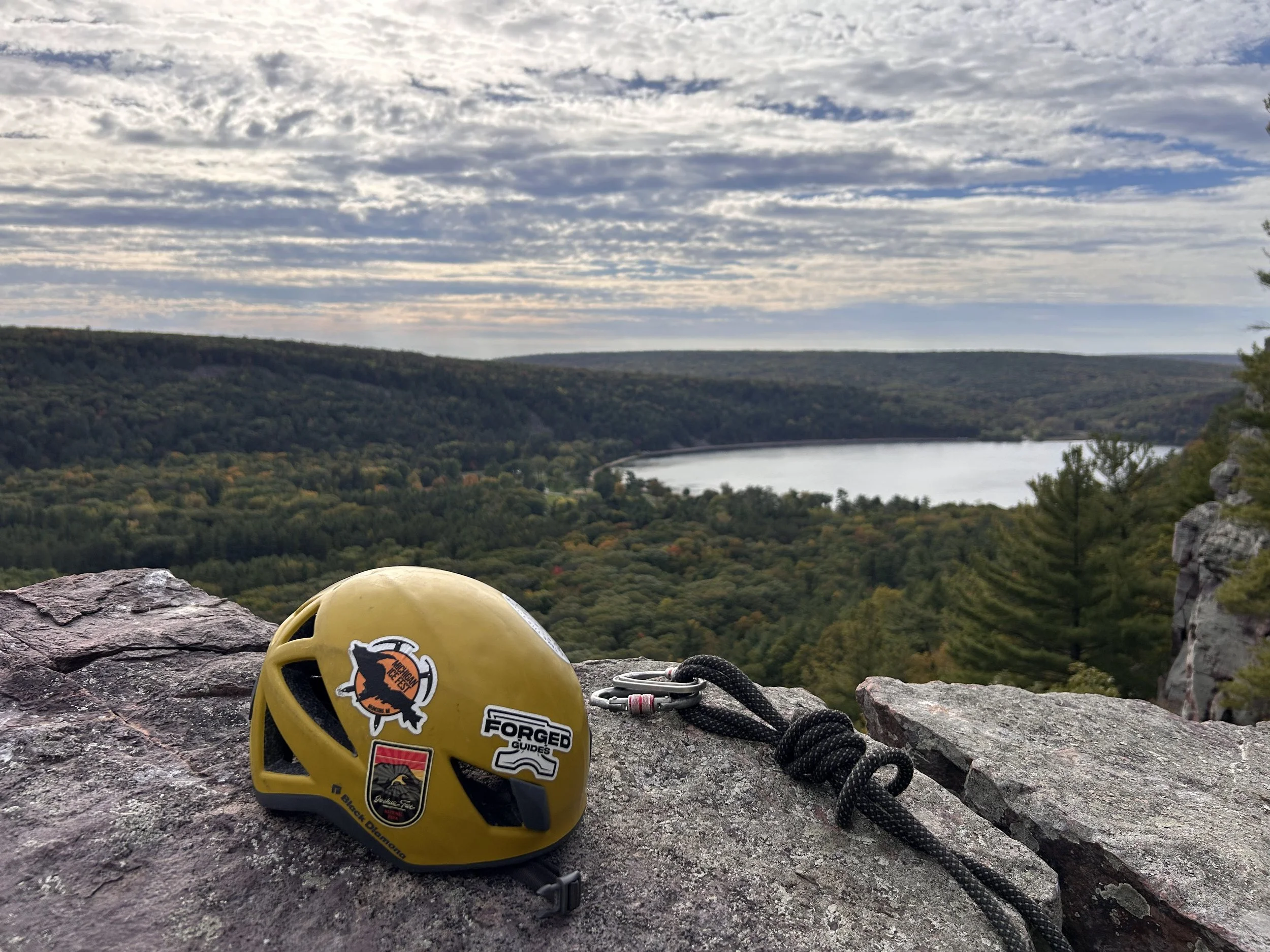 Climbing Anchor High above Devils Lake WI alongside a climbing helmet