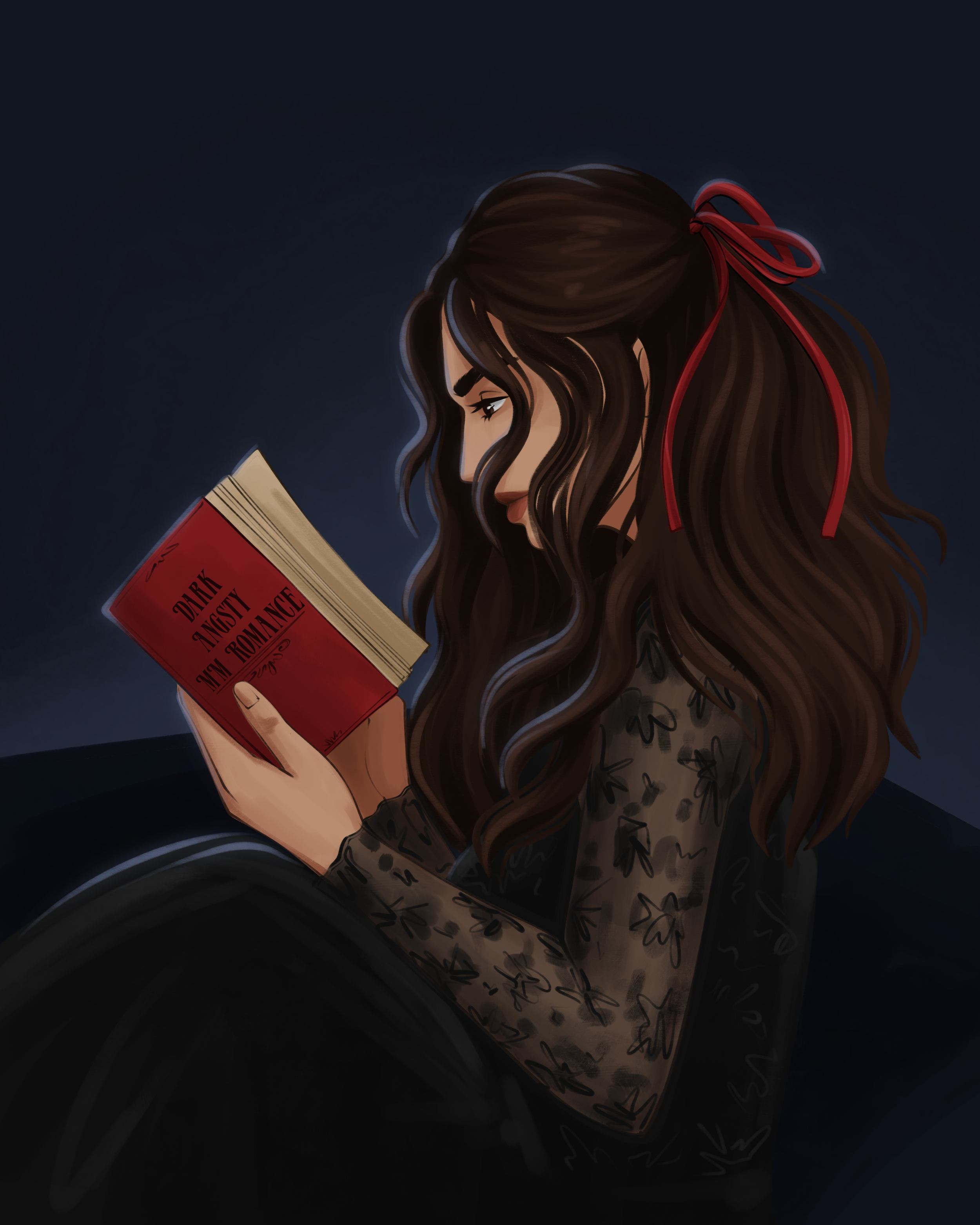 An illustrated image of Mia Darling reading a book with the title "Dark Angsty MM Romance."