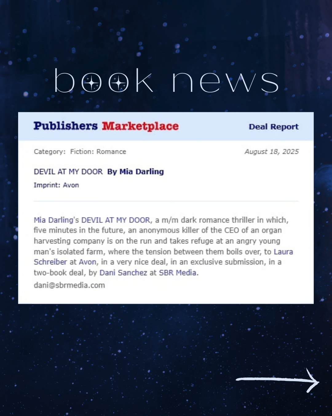 Image of Publisher's Marketplace announcement for Devil At My Door by Mia Darling