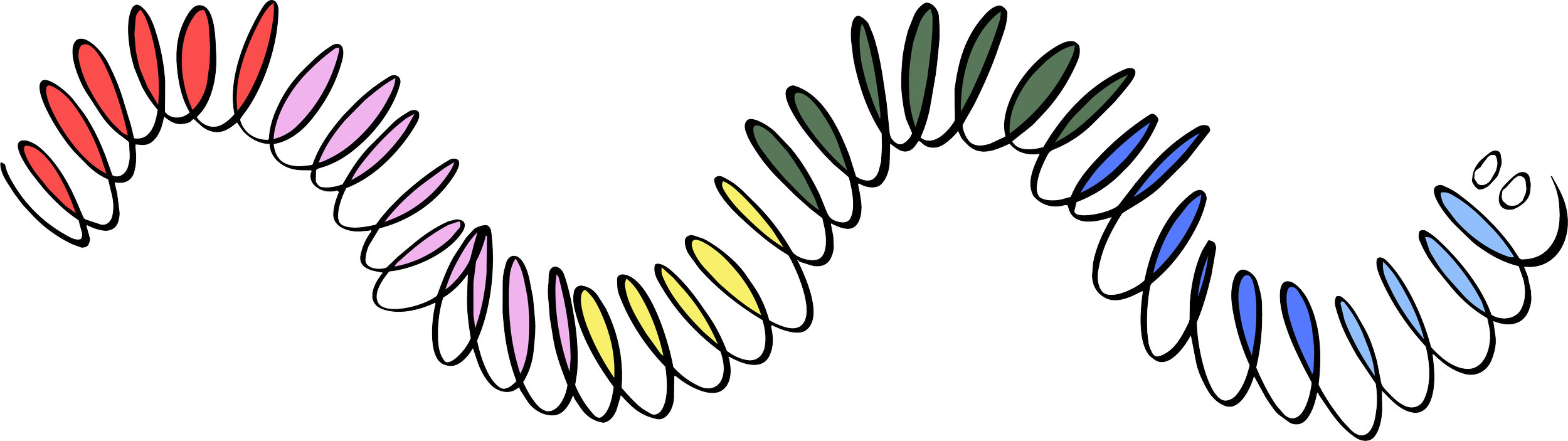Colorful double helix design made of elongated oval shapes with gradient colors including red, pink, yellow, green, blue, and purple, outlined in black.