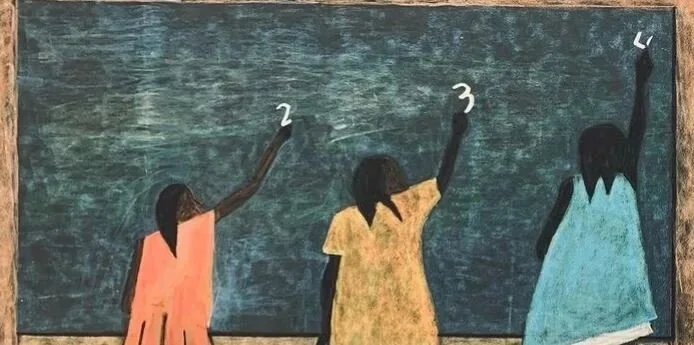 Chalkboard drawing of three women pointing upwards, numbered 1, 2, and 3, wearing colorful dresses.