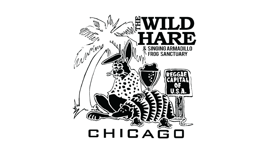 Black and white illustration of a jungle scene with a hare wearing sunglasses, sitting under a palm tree. There is a frog with a crown and a zebra in the foreground. The text reads "The Wild Hare & Singing Armadillo Frog Sanctuary," "Reggae Capital o
