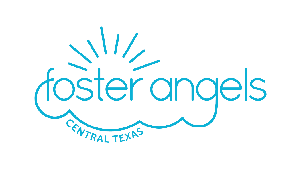Logo for Foster Angels Central Texas featuring a sunrise above stylized clouds and the organization name in blue text.