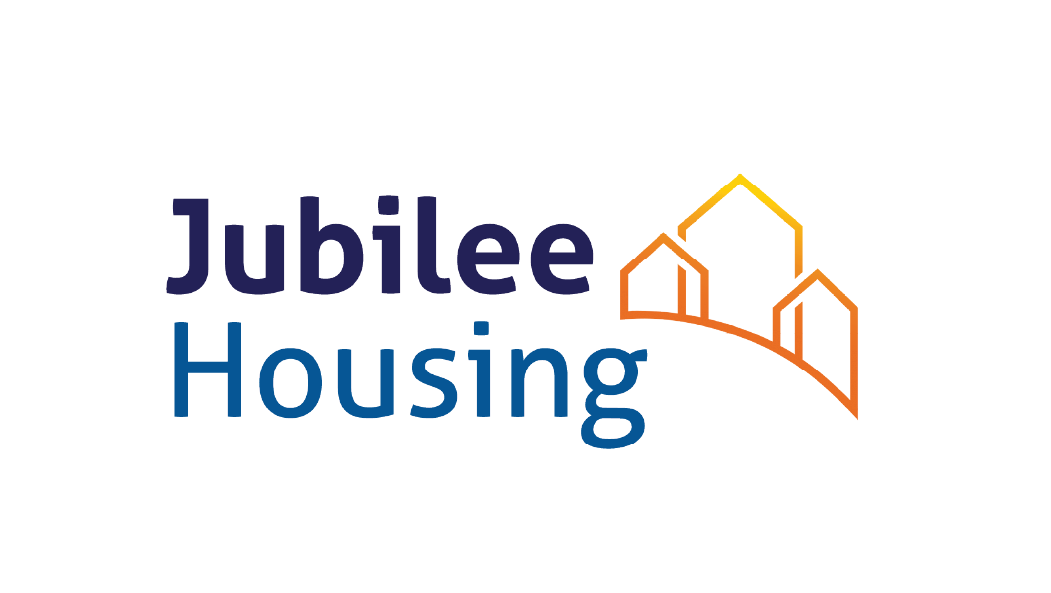 Jubilee Housing logo with three stylized houses in orange and yellow above the words "Jubilee Housing" in dark purple and blue.