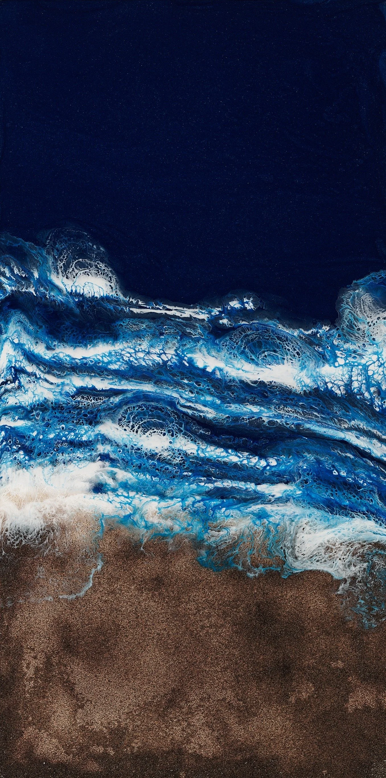 Abstract art of ocean waves crashing onto a sandy shore, featuring swirling white and blue patterns against a dark blue background.