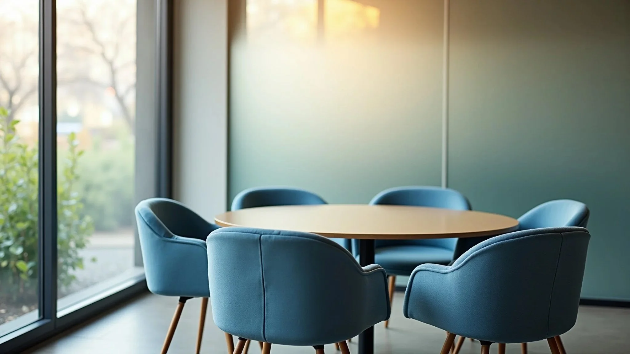 A conference room with a round table surrounded by blue chairs, next to large windows with natural light.