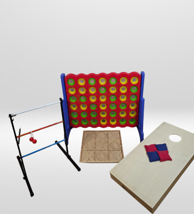 Collection of children's toys, including a connect four game, a wooden tic-tac-toe board, and a bean bag toss game with red and blue bean bags.