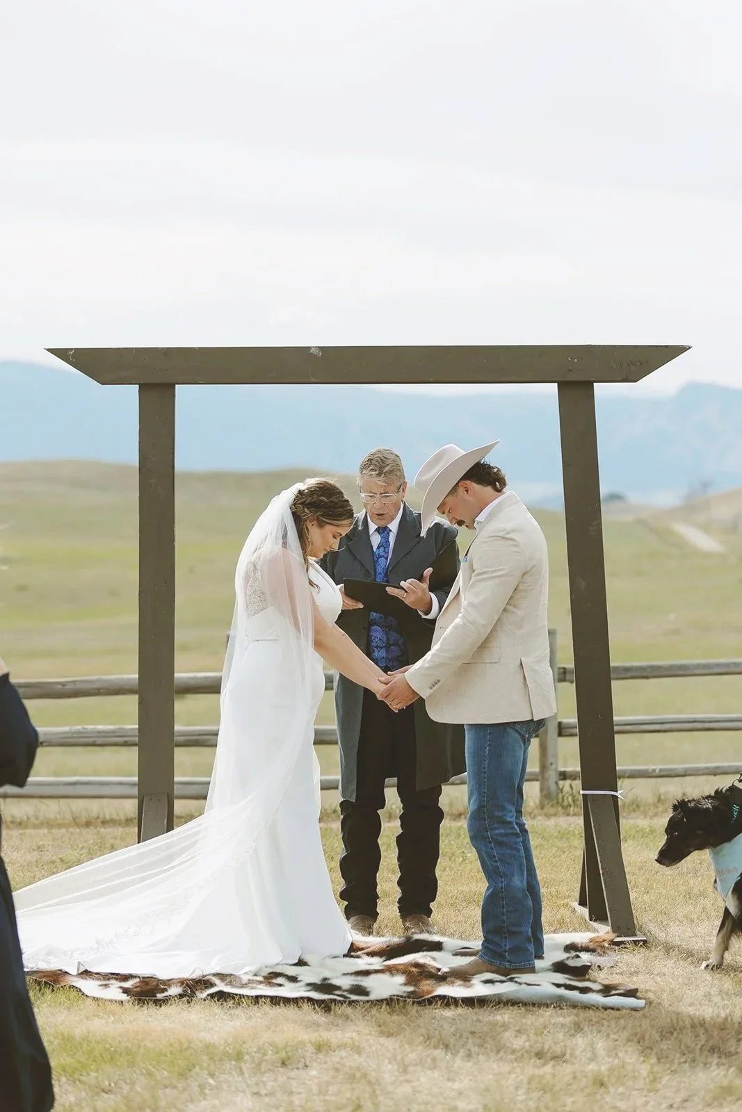 A couple getting married outdoors, holding hands and kneeling on a cowhide rug, with an officiant reading from a book during a wedding ceremony in a scenic countryside setting.