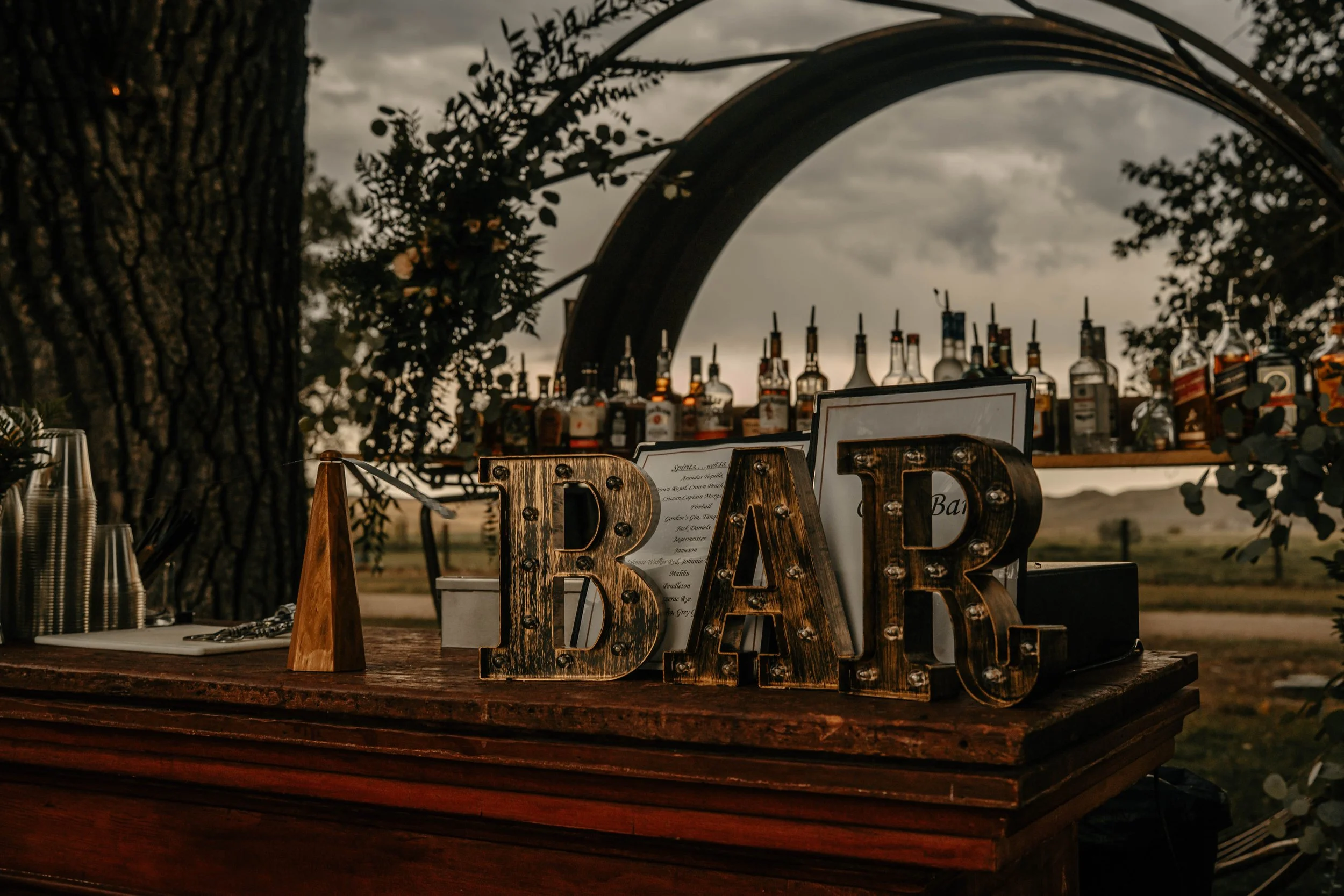 A rustic outdoor bar setup with large marquee letters spelling 'BAR' on a wooden surface, bottles of alcohol on shelves behind, and decorative foliage surrounding the area at sunset.