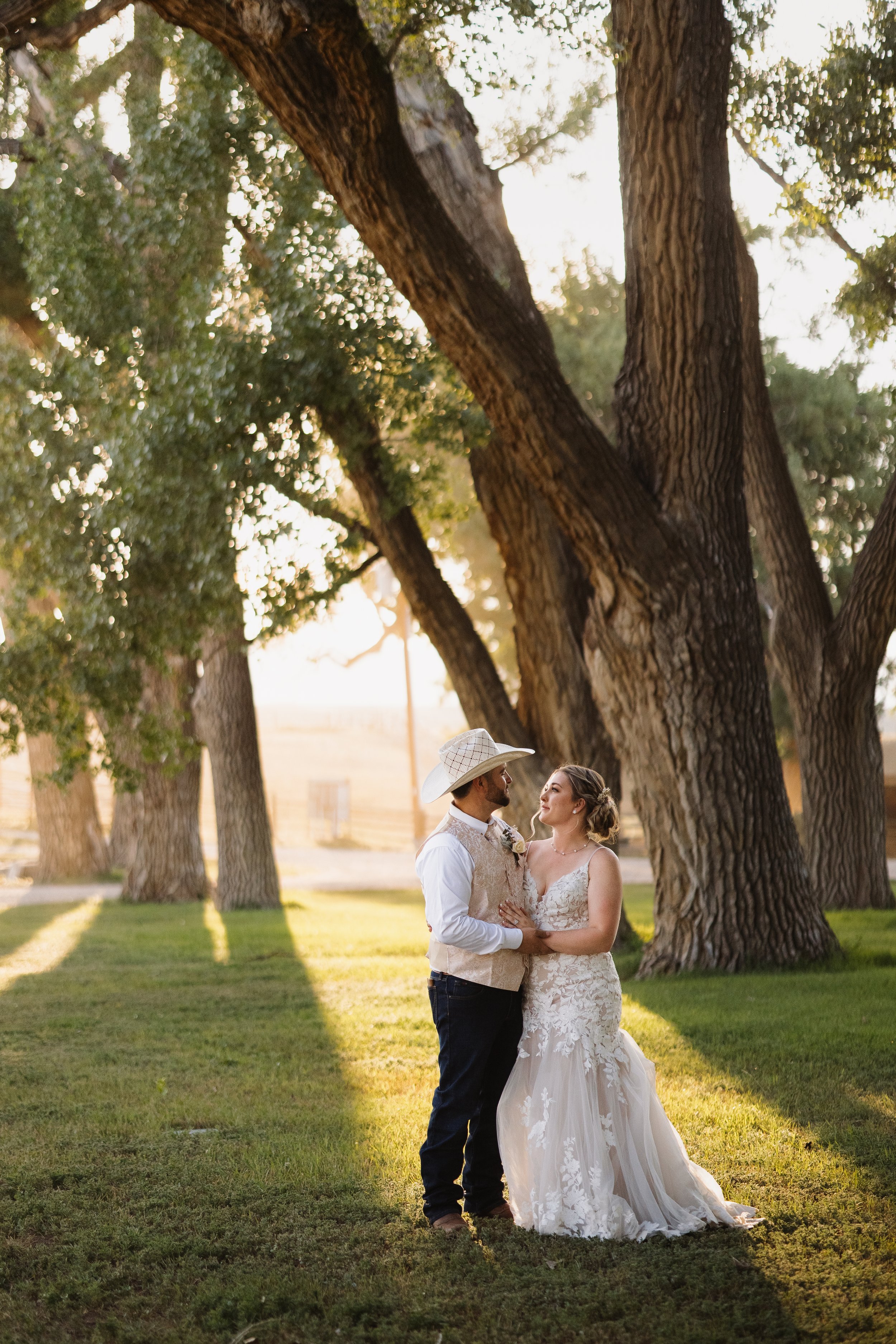 A bride and groom standing close together under large trees during sunset on a wedding day.