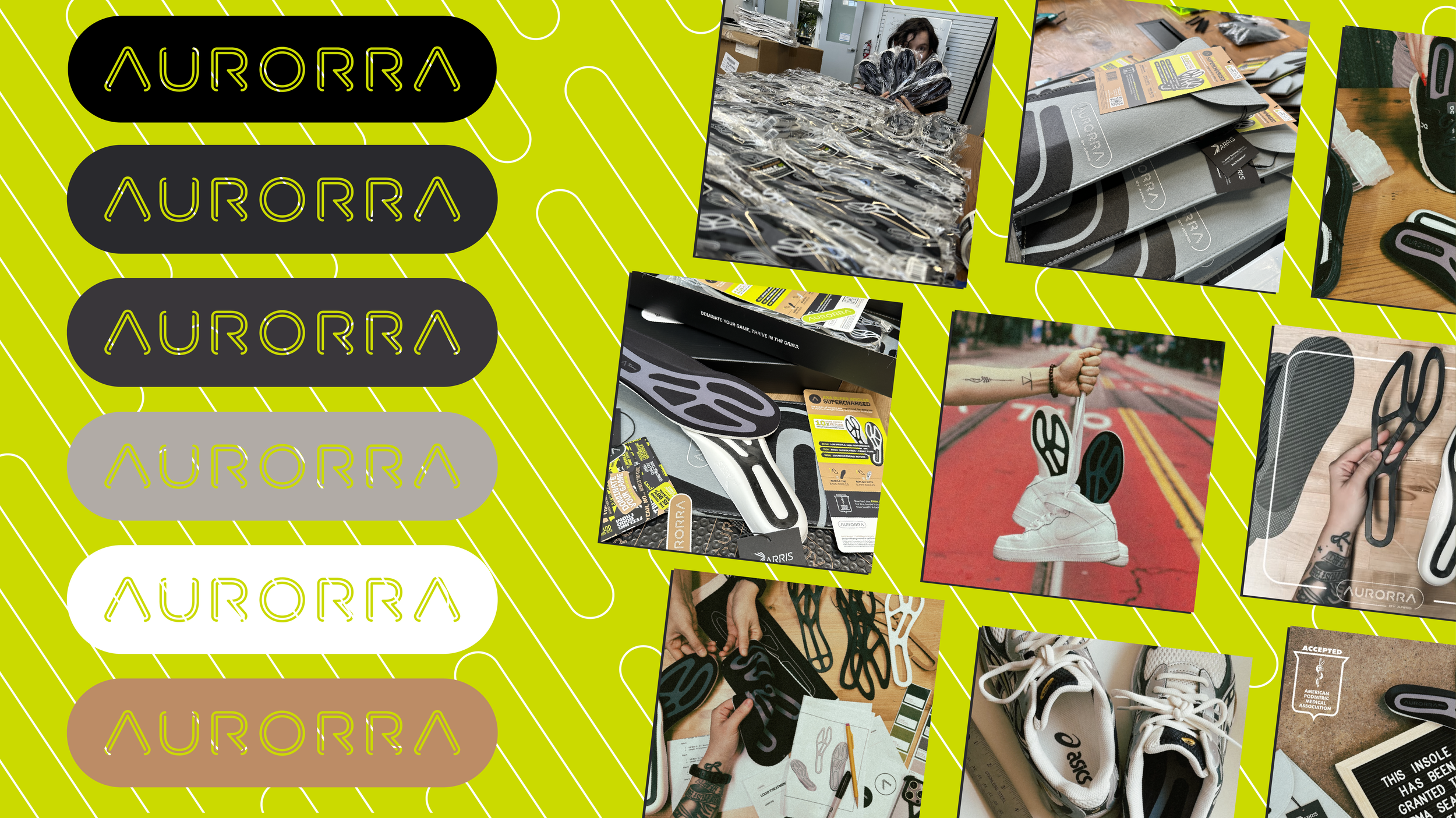 Collage of images showcasing Aurora brand shoe soles, custom shoe designs, shoe packaging, and people holding and customizing shoes with various designs and color schemes.