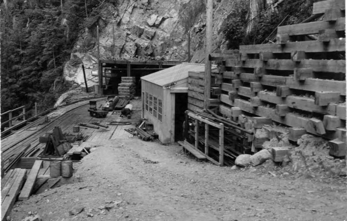 A platform and tracks leading into a mine portal, black and white historical image
