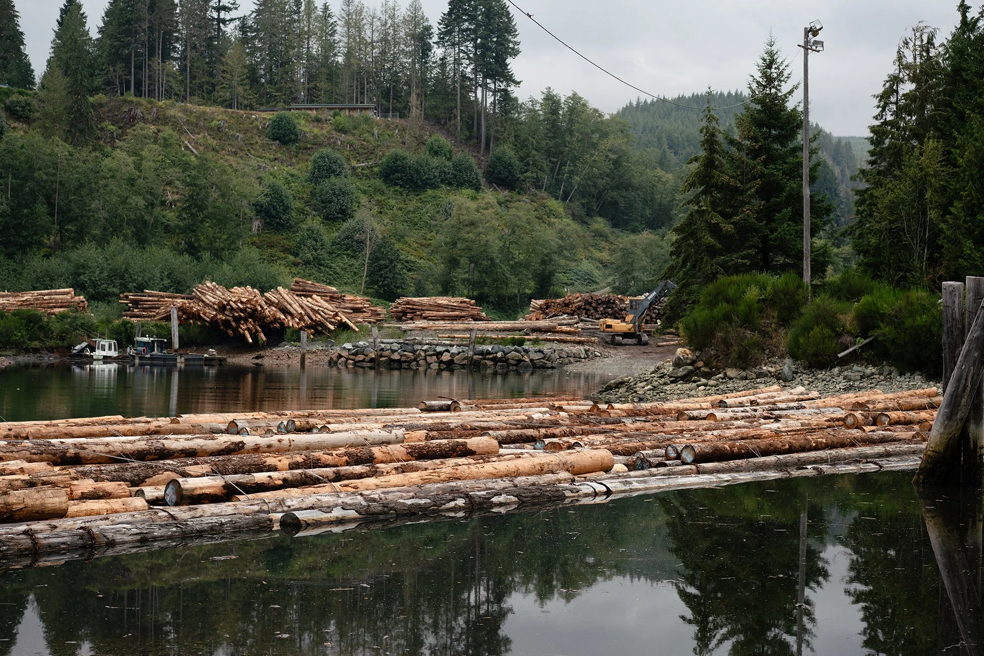 The log sort operation at Jordan River showing log booms and piles of logs on shore.