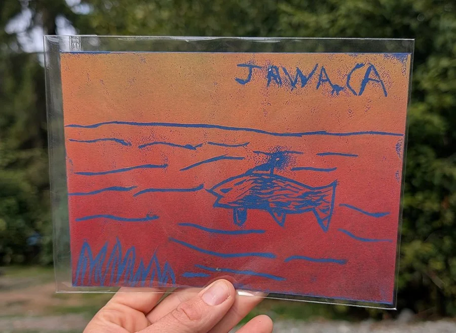 Student artwork, blue linework showing a fish in water against a red background with the jrwa.ca url in the top right corner