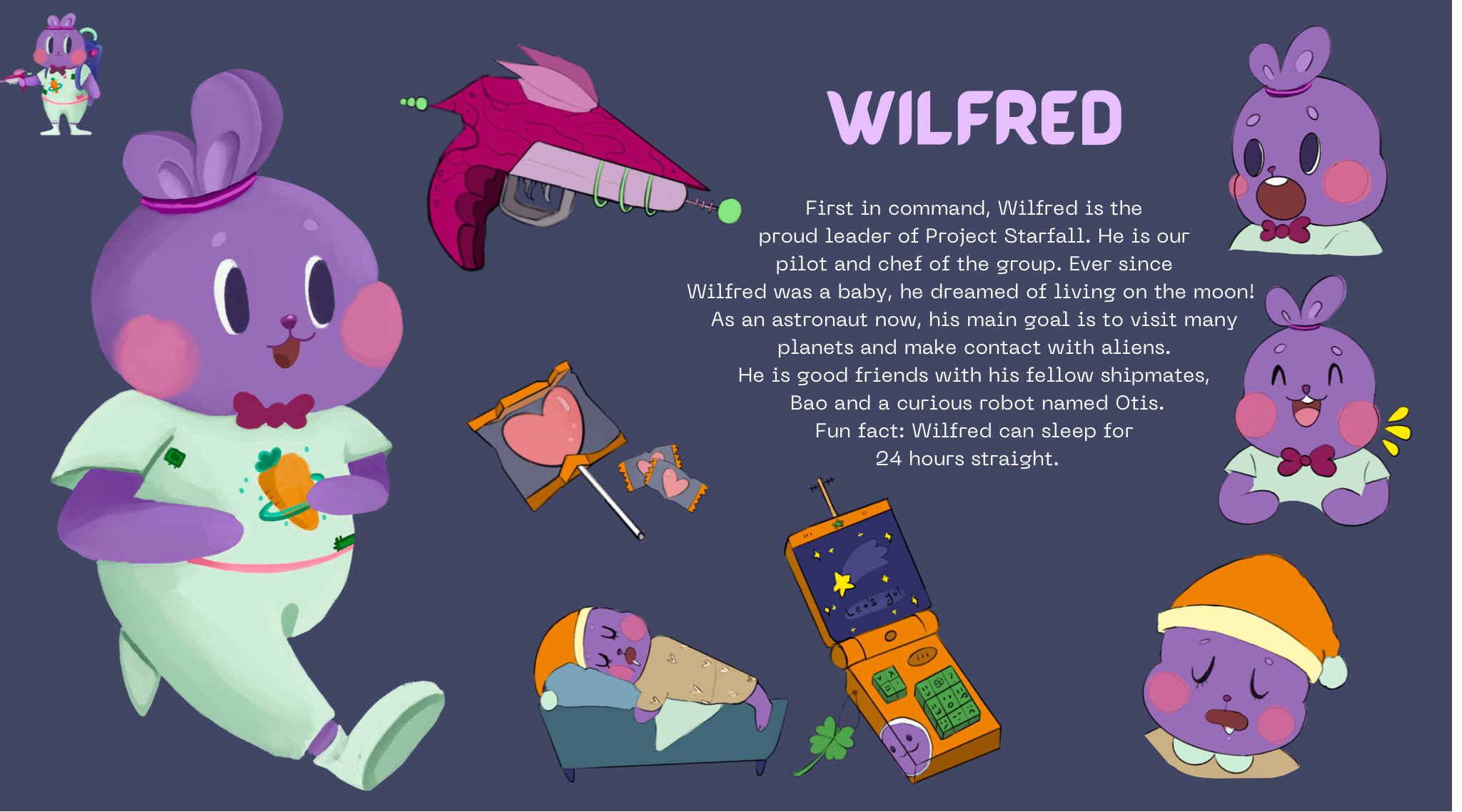 Wilfred character sheet. 
Exploration sheet that features his belongings, character expressions and bio.