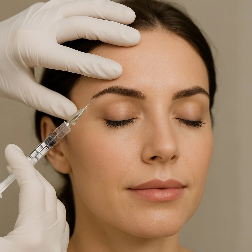 A woman with closed eyes receives a cosmetic anti wrinkle  injection in her eyebrow area from a medical professional wearing gloves at face lab aesthetics best london skincare clinic near me.