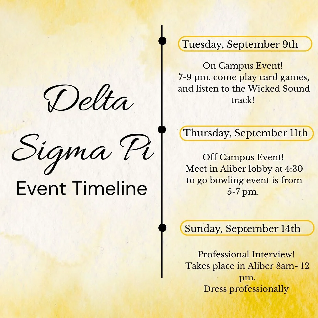 ⭐️RECRUITMENT SCHEDULE⭐️
First event starts on Tuesday, September 9. Joining a business fraternity is a great way to build professionalism and connections.
All of our members are excited to meet you!